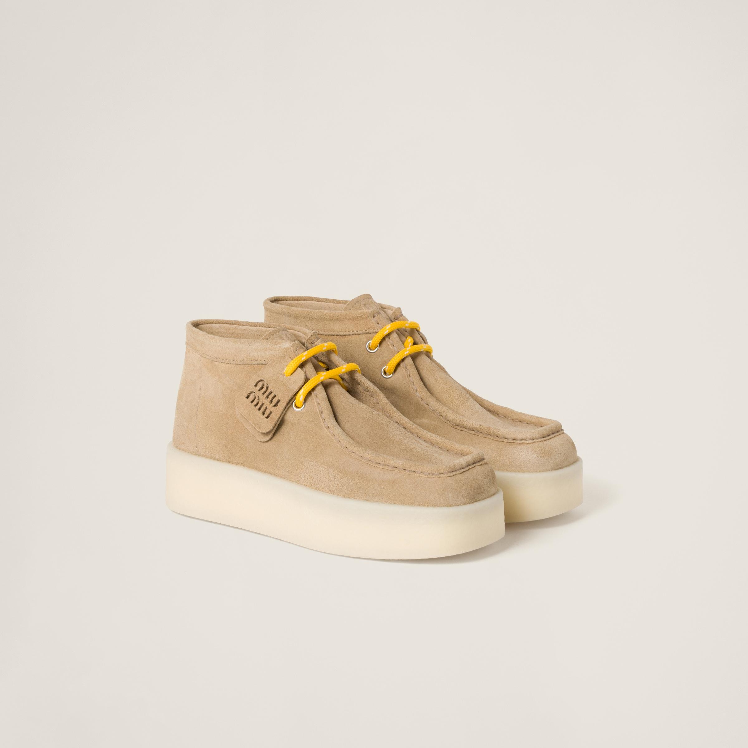 MiuMiu Suede delave wedge ankle boots ミュウミュウ ブーツ Miu Miu Suede Delave Wedge Ankle Boots in Natural | Lyst