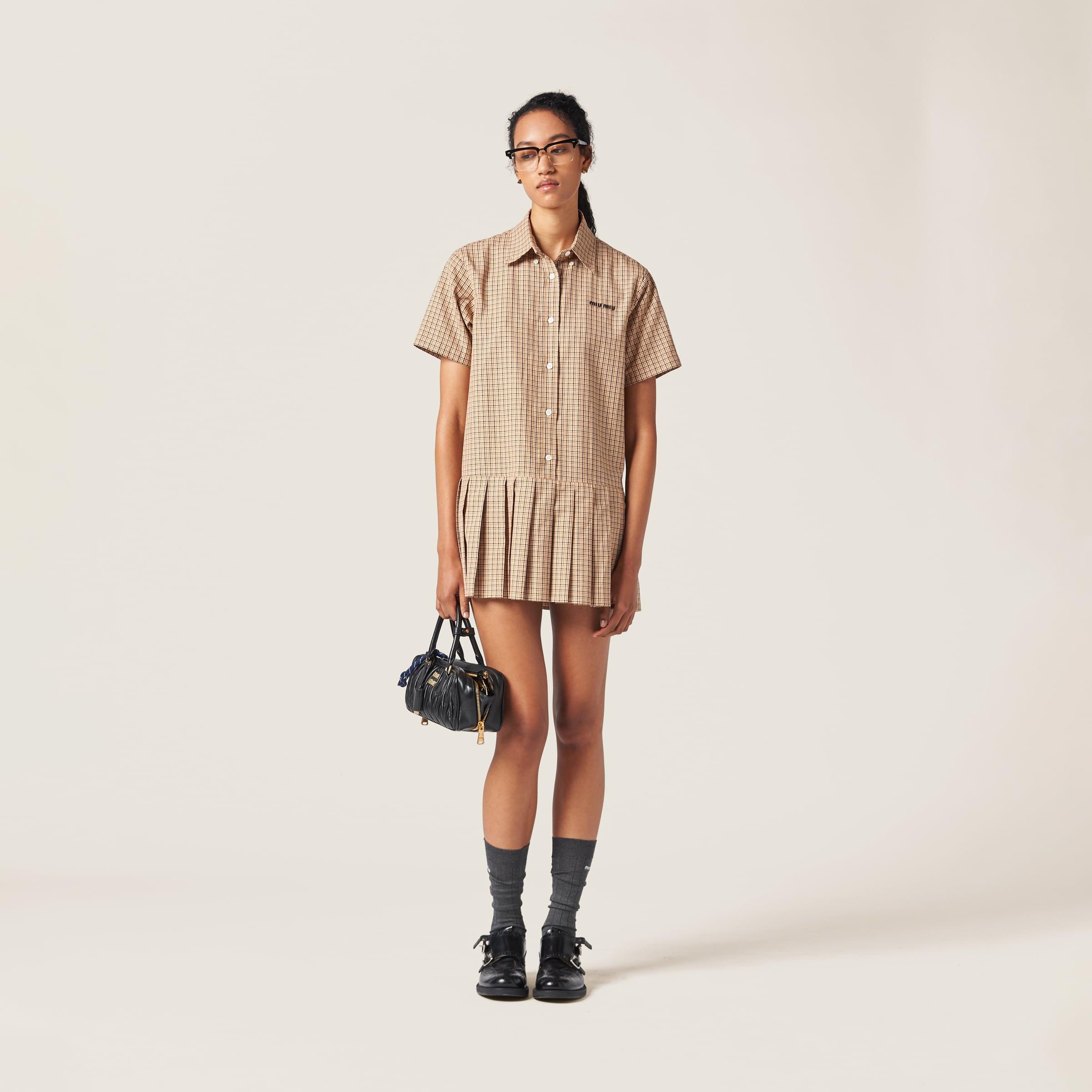 Miu Miu Pleated Check Dress in Natural | Lyst UK