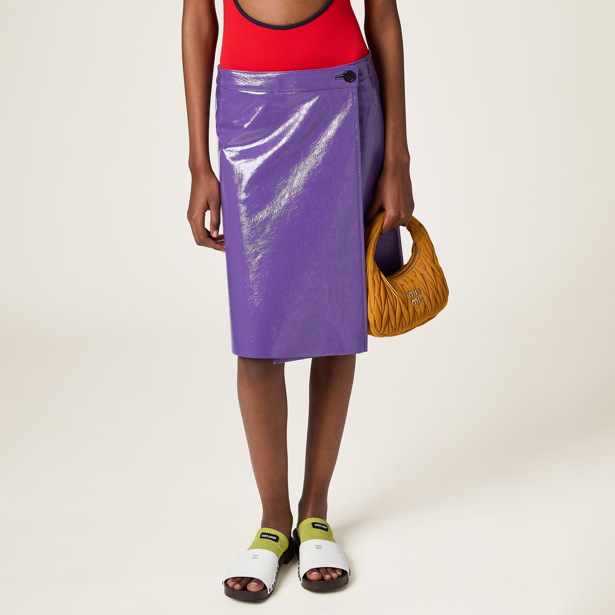 スカート Miu Miu Lilac Satin Skirt Feather-trimmed satin midi skirt in purple - Miu Miu | Mytheresa