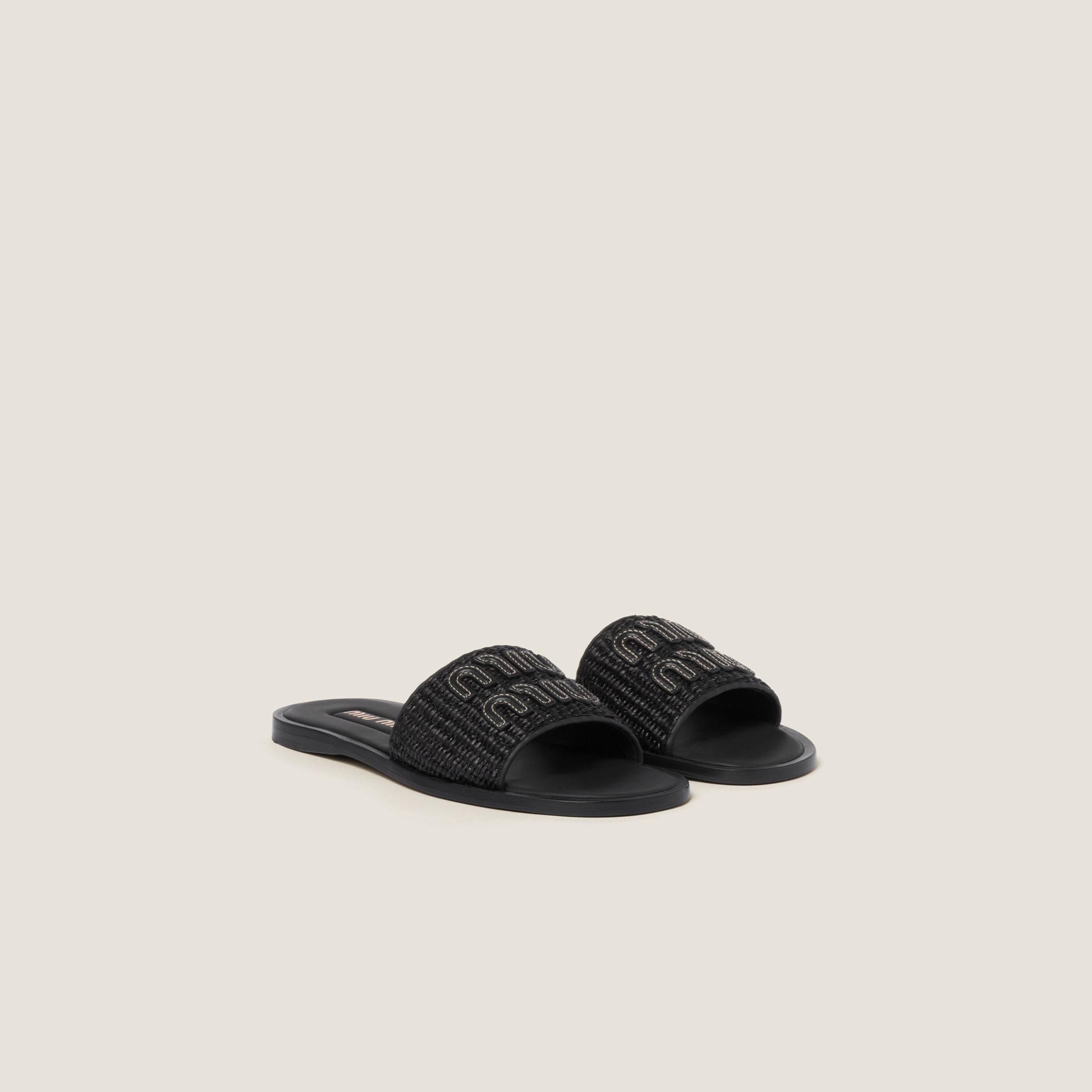 Miu Miu Raffia-Effect Woven Fabric Slides in Black | Lyst