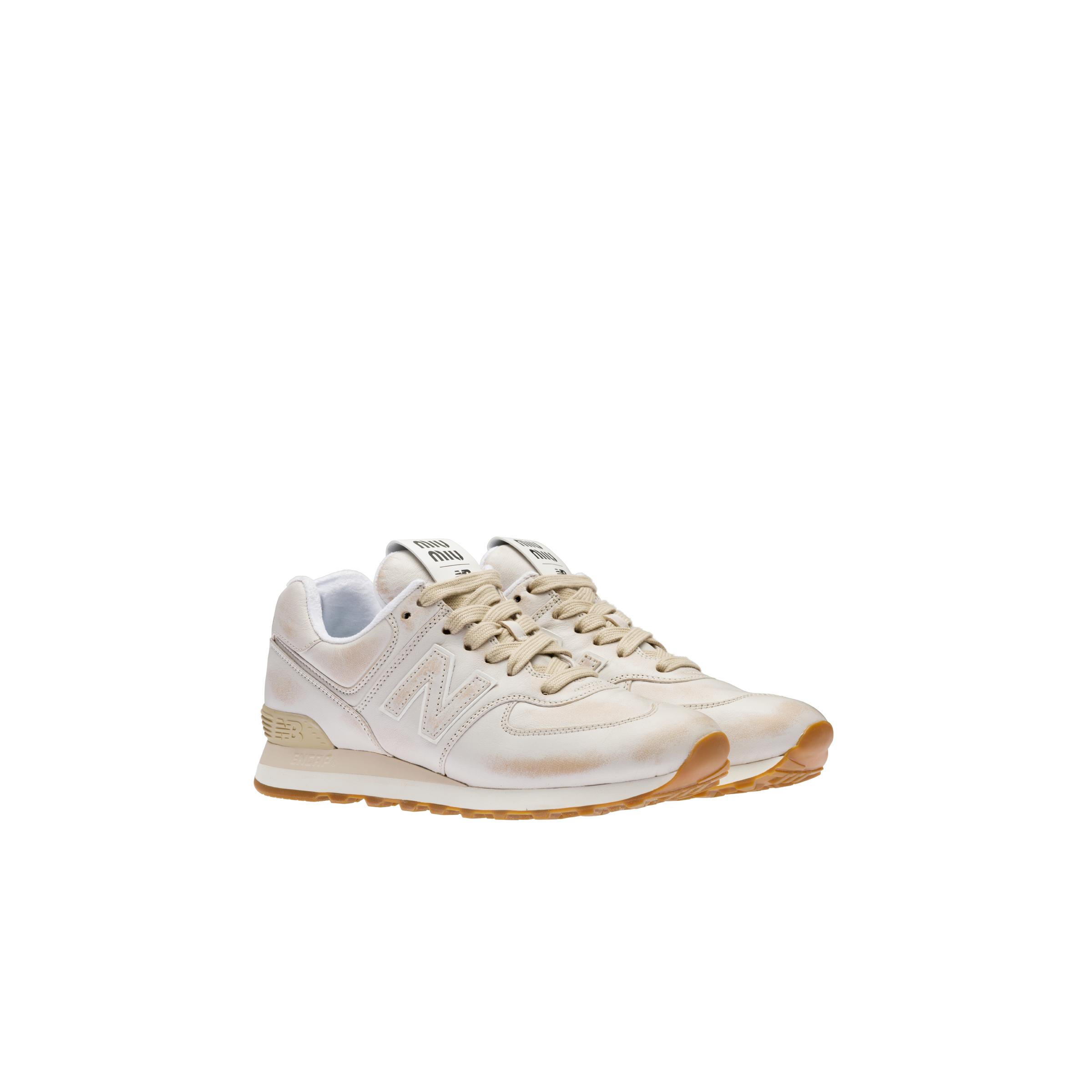 Miu Miu New Balance 574 X Vintage-effect Nappa Leather Sneakers in Natural  | Lyst