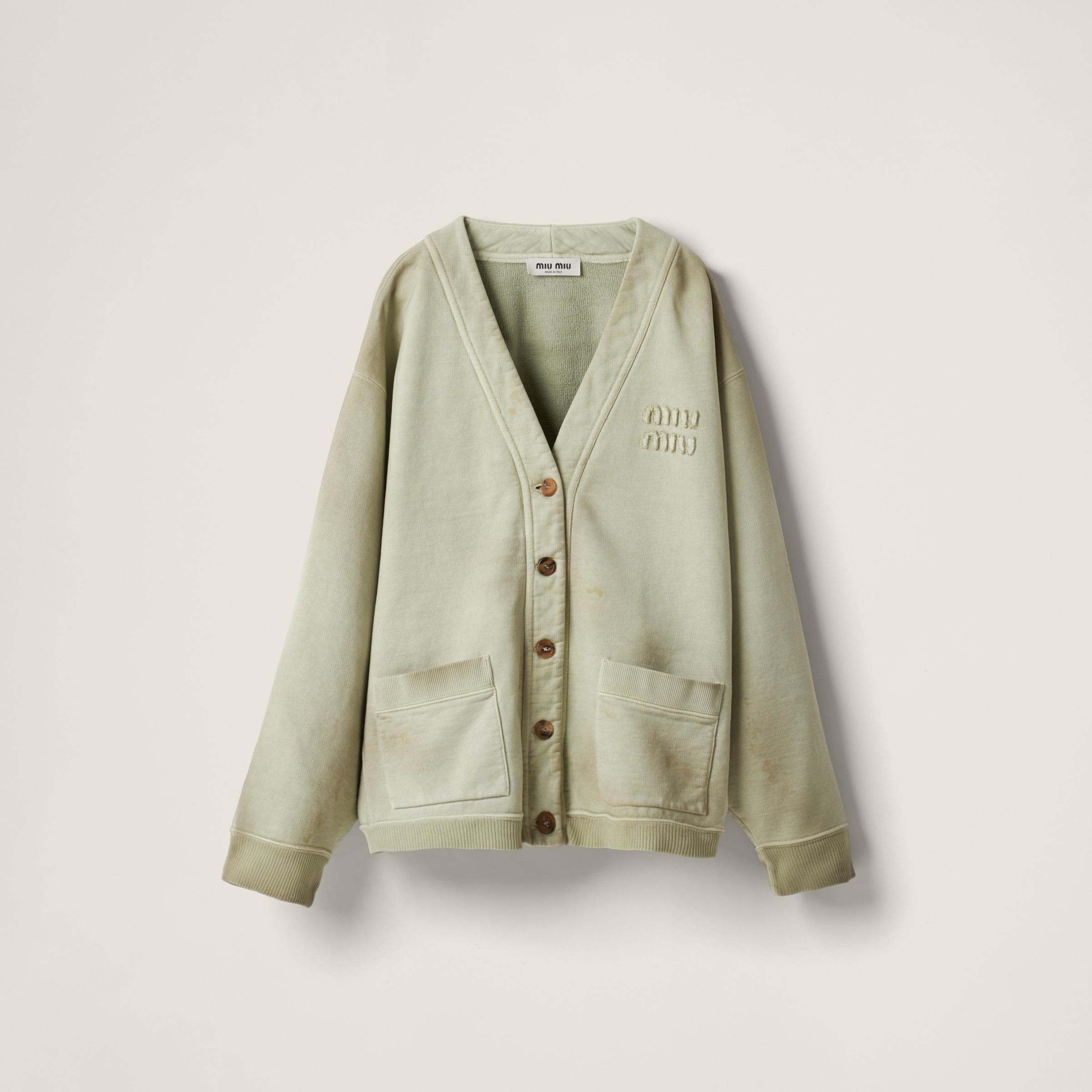 Miu Miu Garment-Dyed Cotton Fleece Cardigan in Green | Lyst