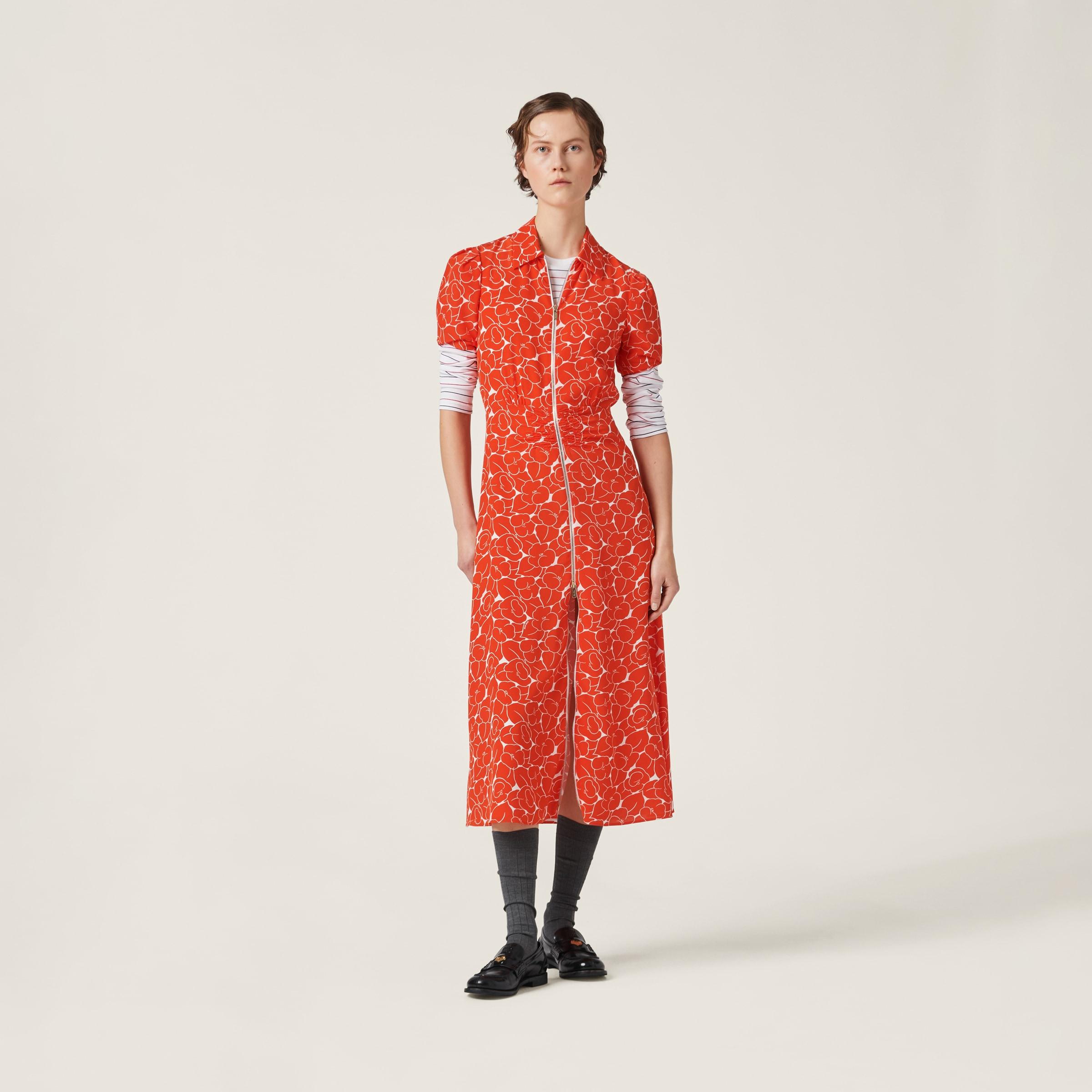 Miu Miu Floral Crepe De Chine Midi Dress in Red Lyst