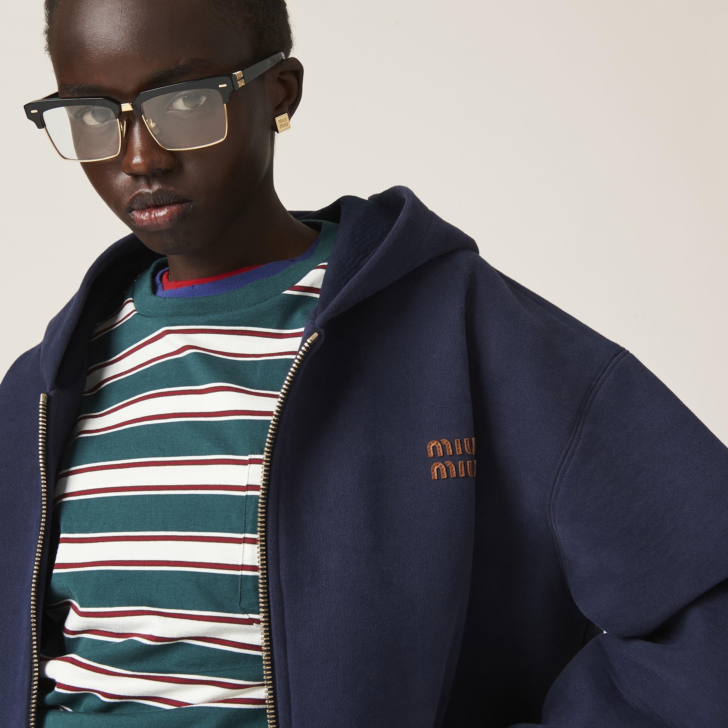MIU MIU | COTTON & NYLON ZIP UP HOODIE BLUE フーディ Miu Miu Hooded Jersey Jacket - Navy | Editorialist