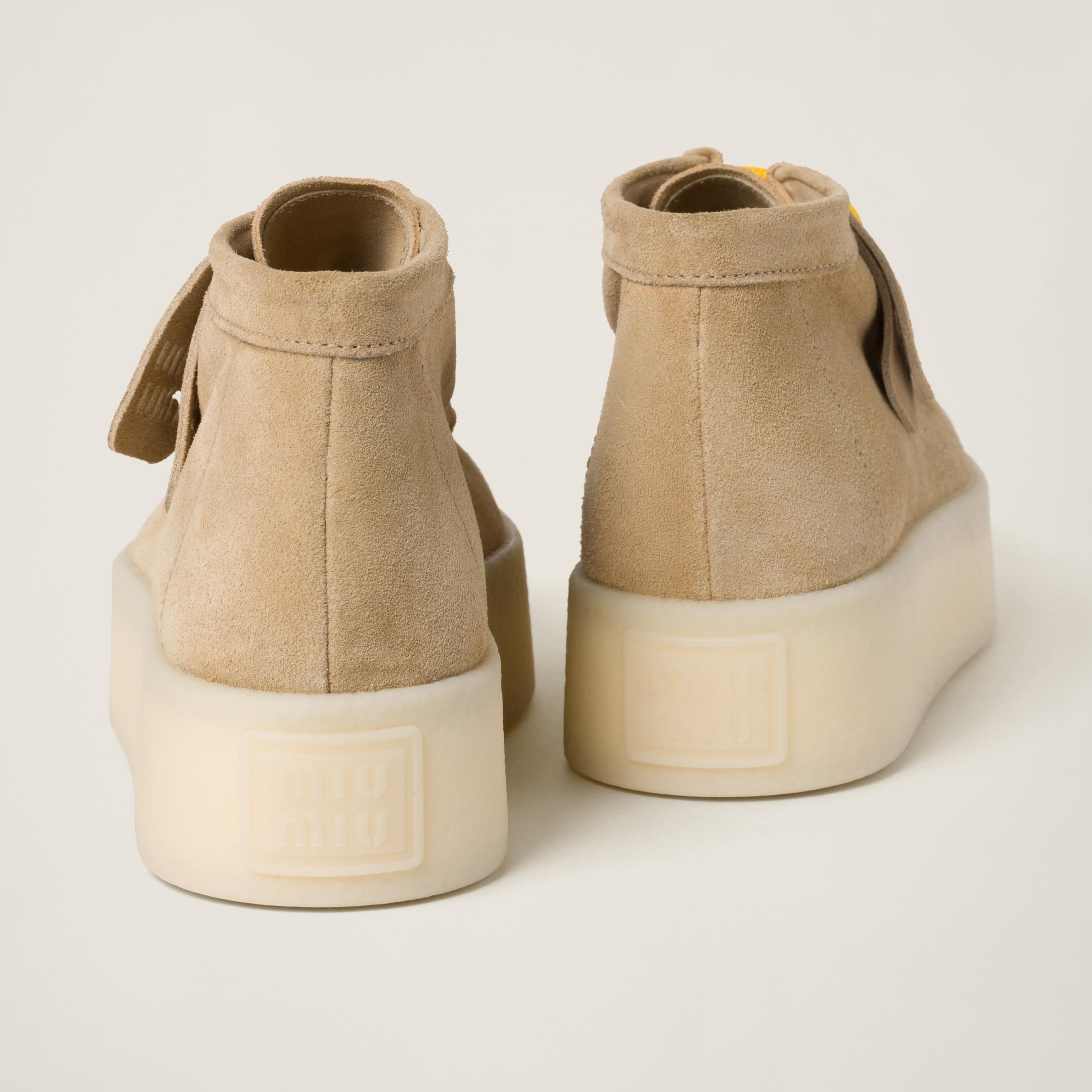 MiuMiu Suede delave wedge ankle boots ミュウミュウ ブーツ Miu Miu Suede Delave Wedge Ankle Boots in Natural | Lyst
