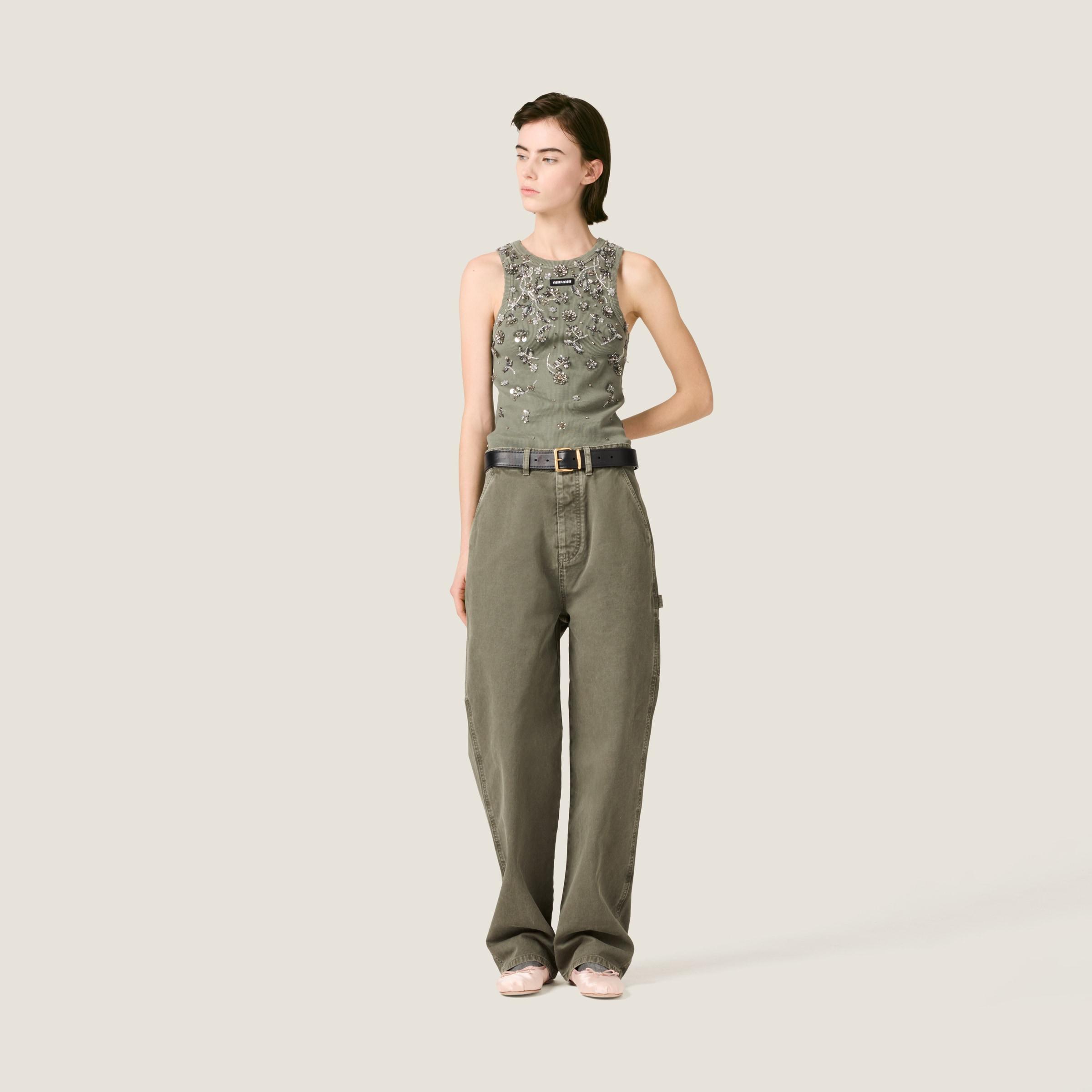 Tシャツ・カットソー MIU MIU MJT694_1464_F0018 GARMENT DYED RIBBED KNIT TOPD Natural Garment-dyed Ribbed Knit Jersey Top | Miu Miu