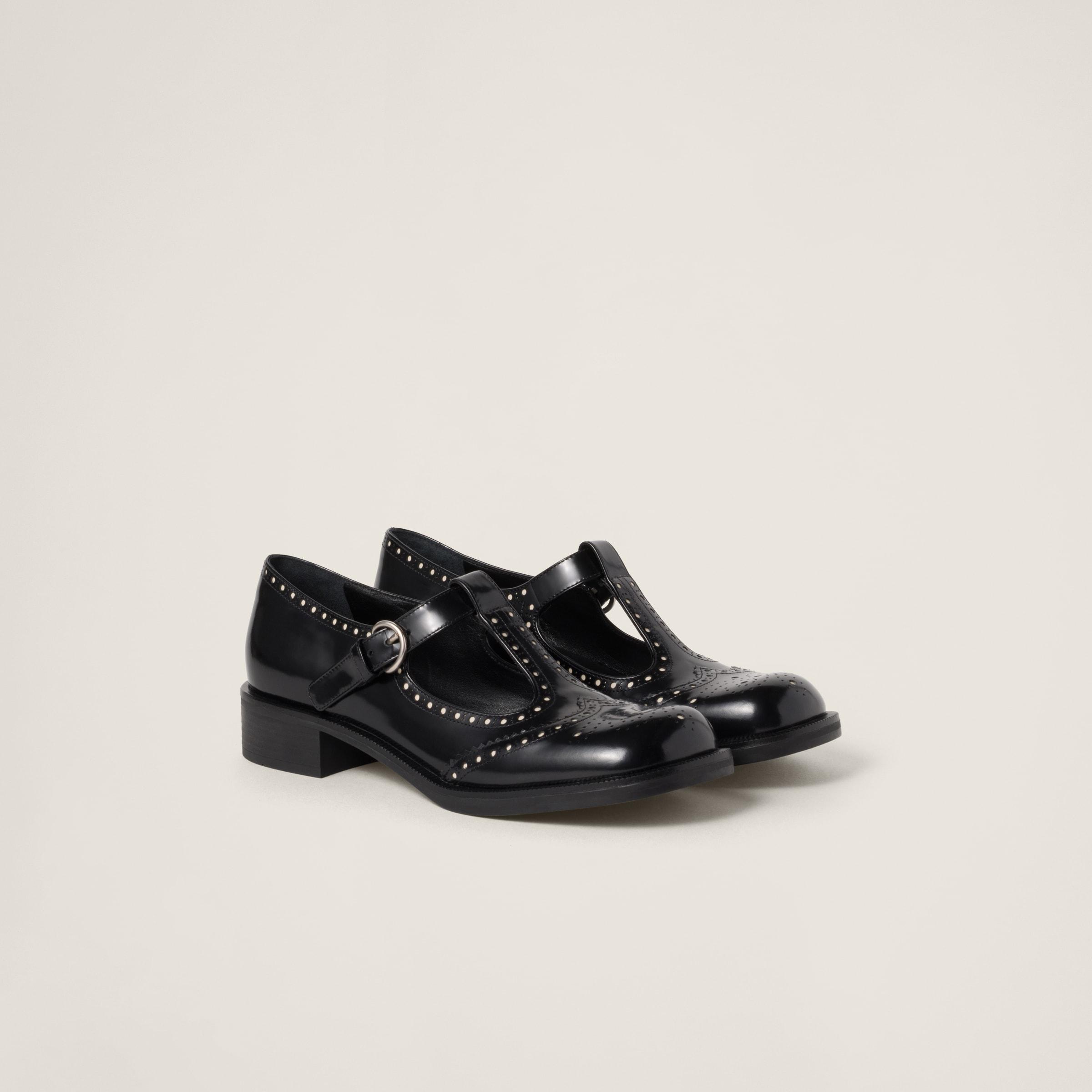 Miu Miu Brushed Leather T-Strap Brogue Shoes in Black | Lyst