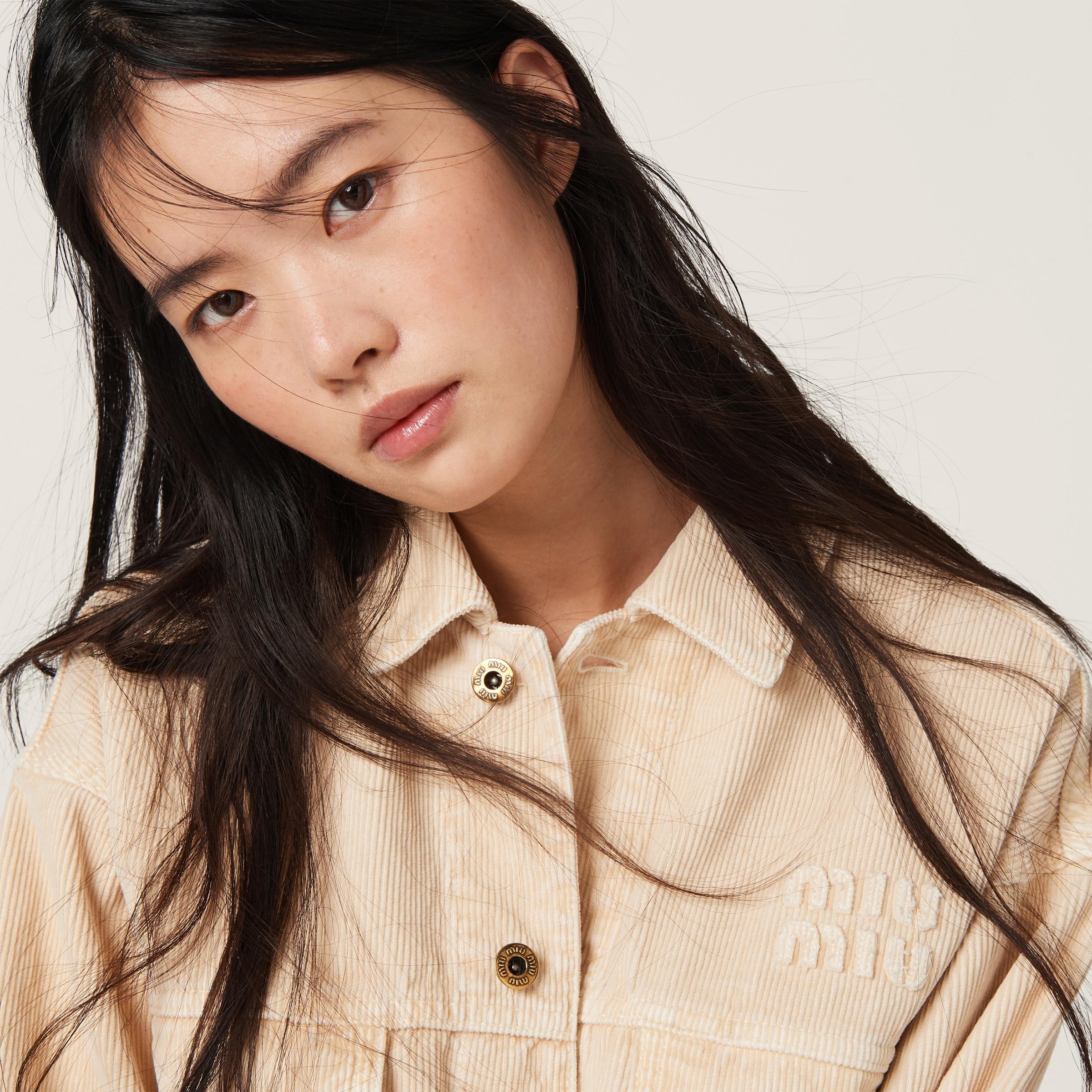 ジャケット MiuMiu | Garment-dyed velvet blouson jacket Miu Miu Garment-dyed Velvet Blouson Jacket in Natural | Lyst