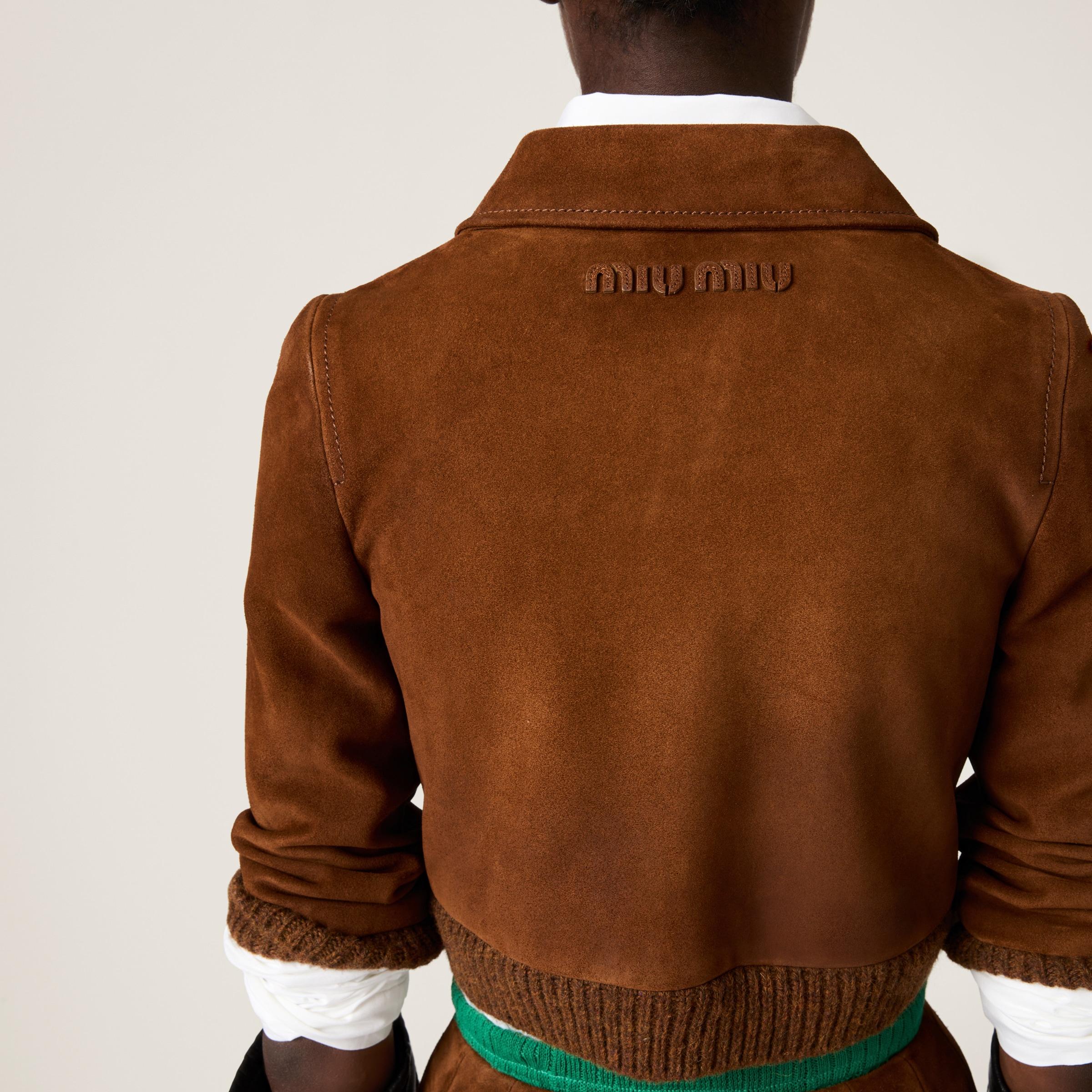 Miu Miu Cropped Suede Jacket in Brown | Lyst