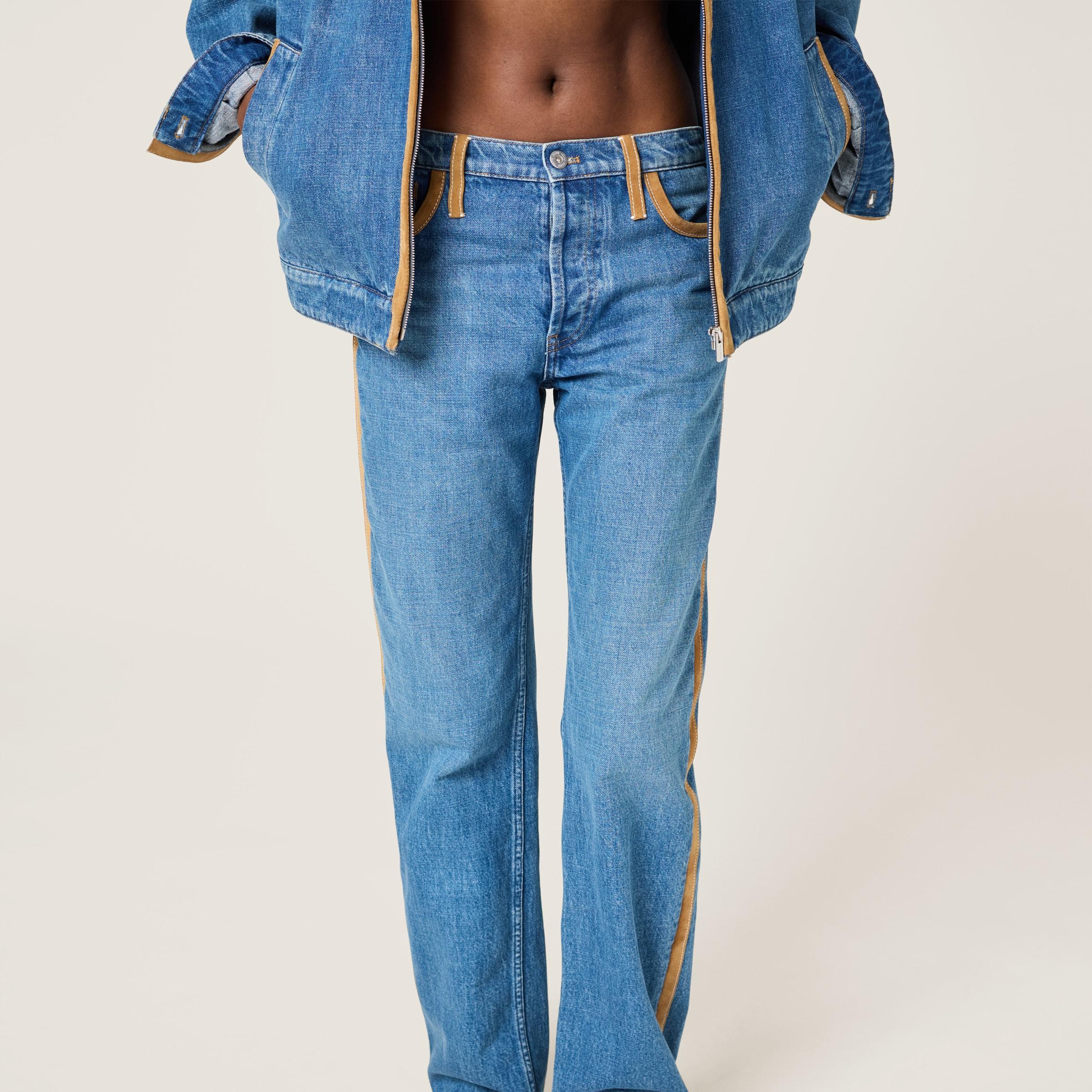 デニム・ジーパン Miu Miu Jeans with leather inserts Miu Miu Denim And Leather Jeans in Blue | Lyst