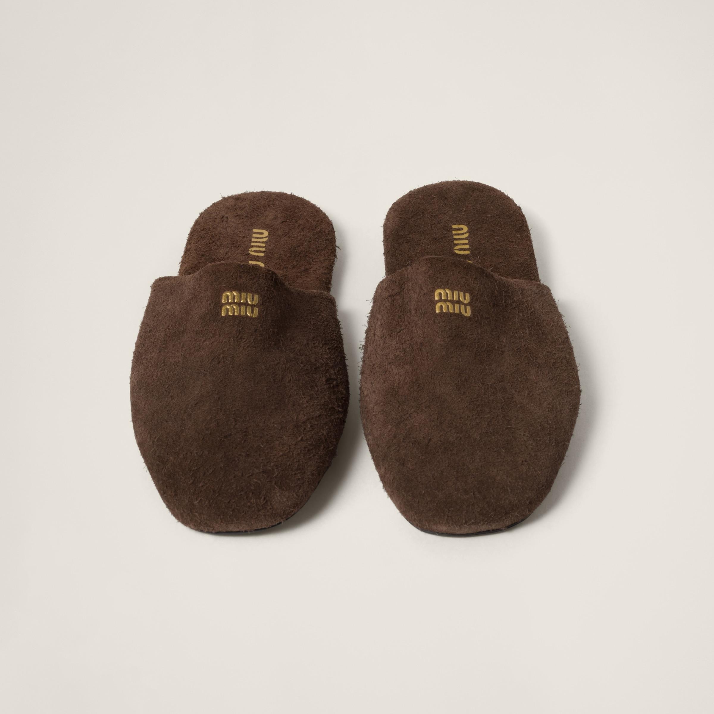 Miu Miu Suede Slippers in Brown | Lyst