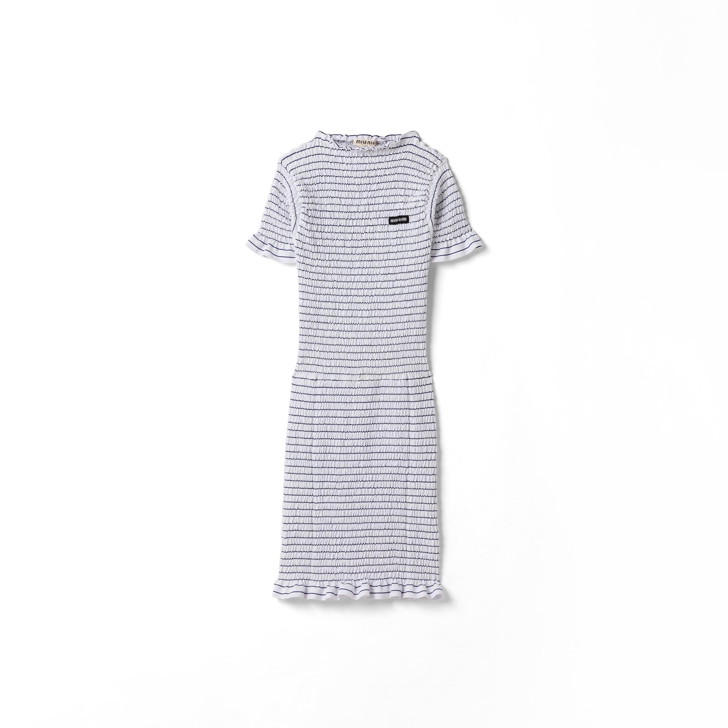 Miu Miu Smocked Striped Jersey Dress in Blue | Lyst Miu Miu Smocked Striped Jersey Dress in Blue | Lyst