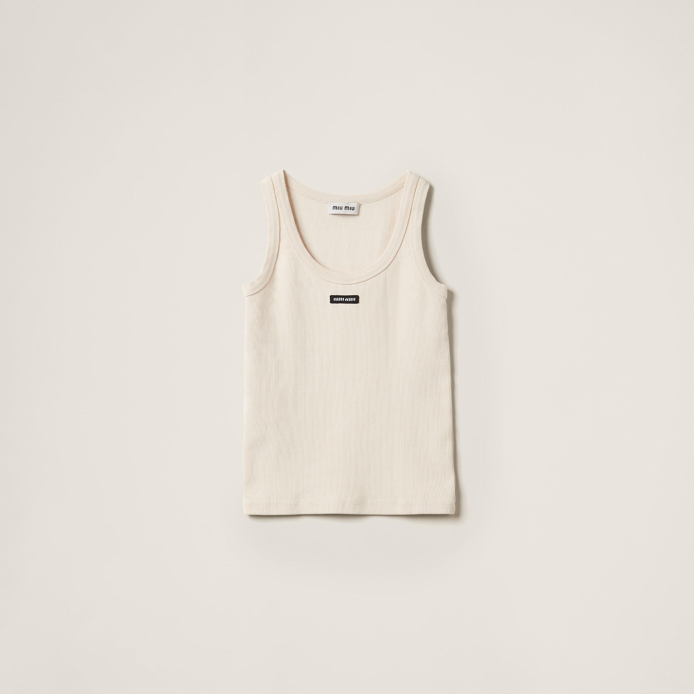Miu Miu Garment-Dyed Ribbed Knit Jersey Top in Natural | Lyst