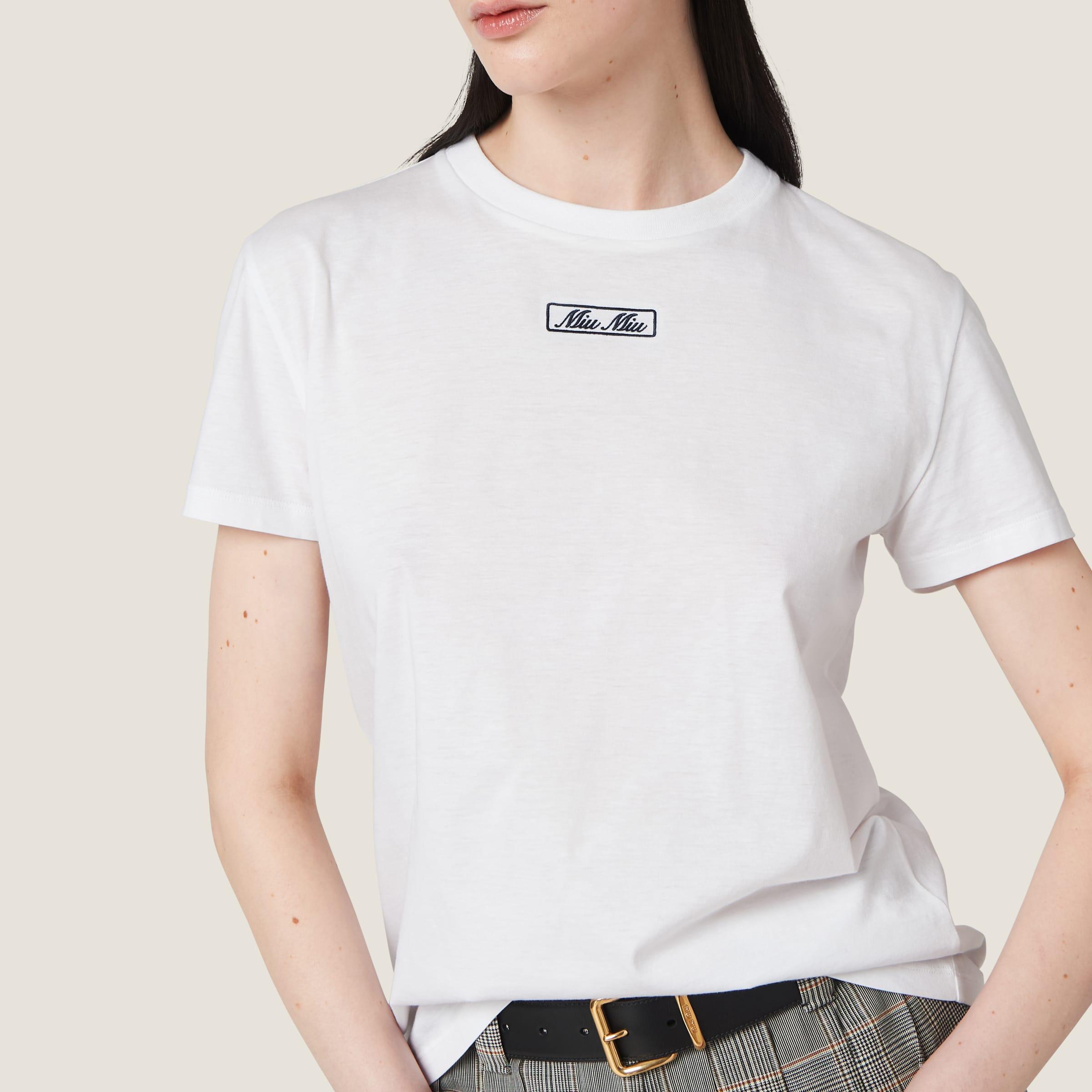Miu Miu Logo-Embroidered Cotton T-Shirt in White | Lyst
