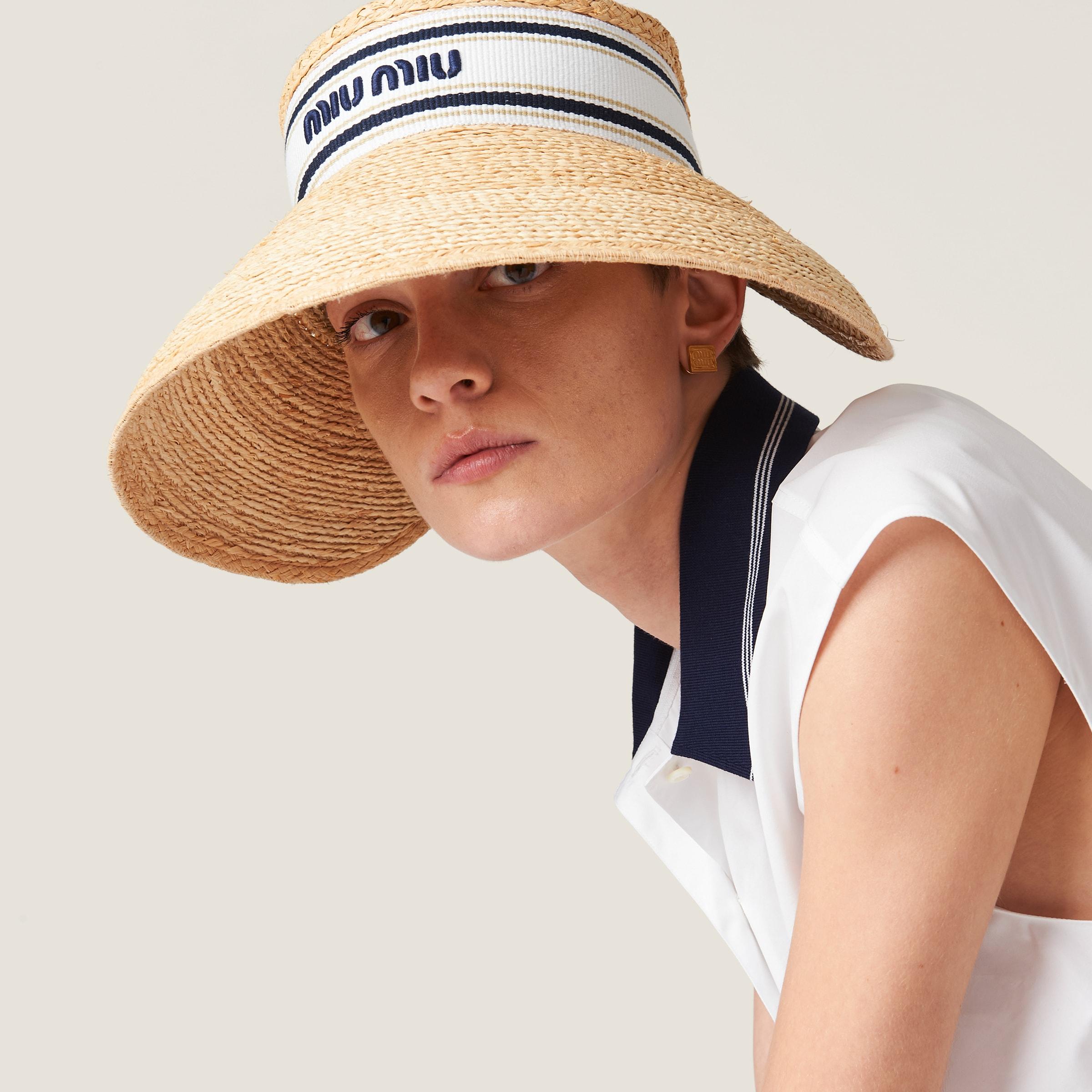 【MIU MIU】RAFFIA-EFFECT FABRIC VISOR Tan/white Raffia-effect Fabric Visor | Miu Miu