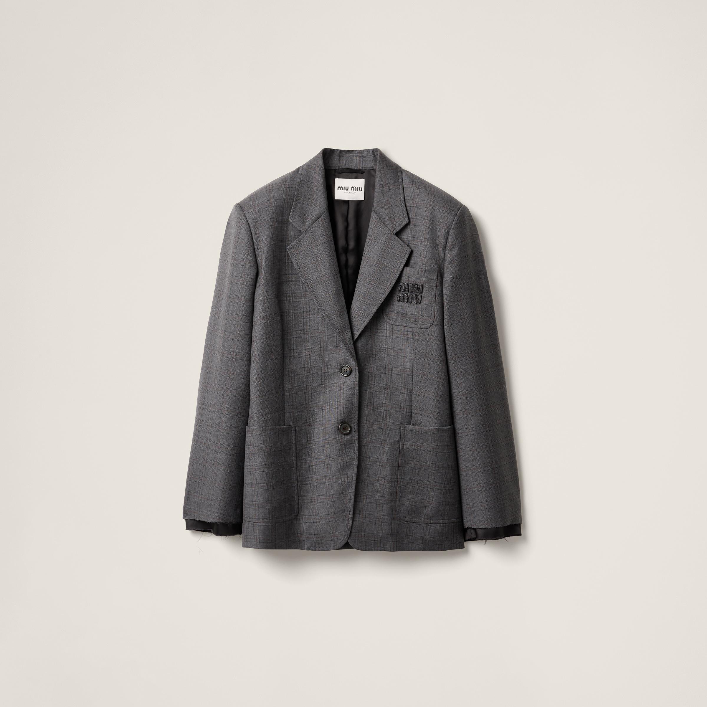 Miu Miu Prince Of Wales Checked Wool Jacket in Gray | Lyst