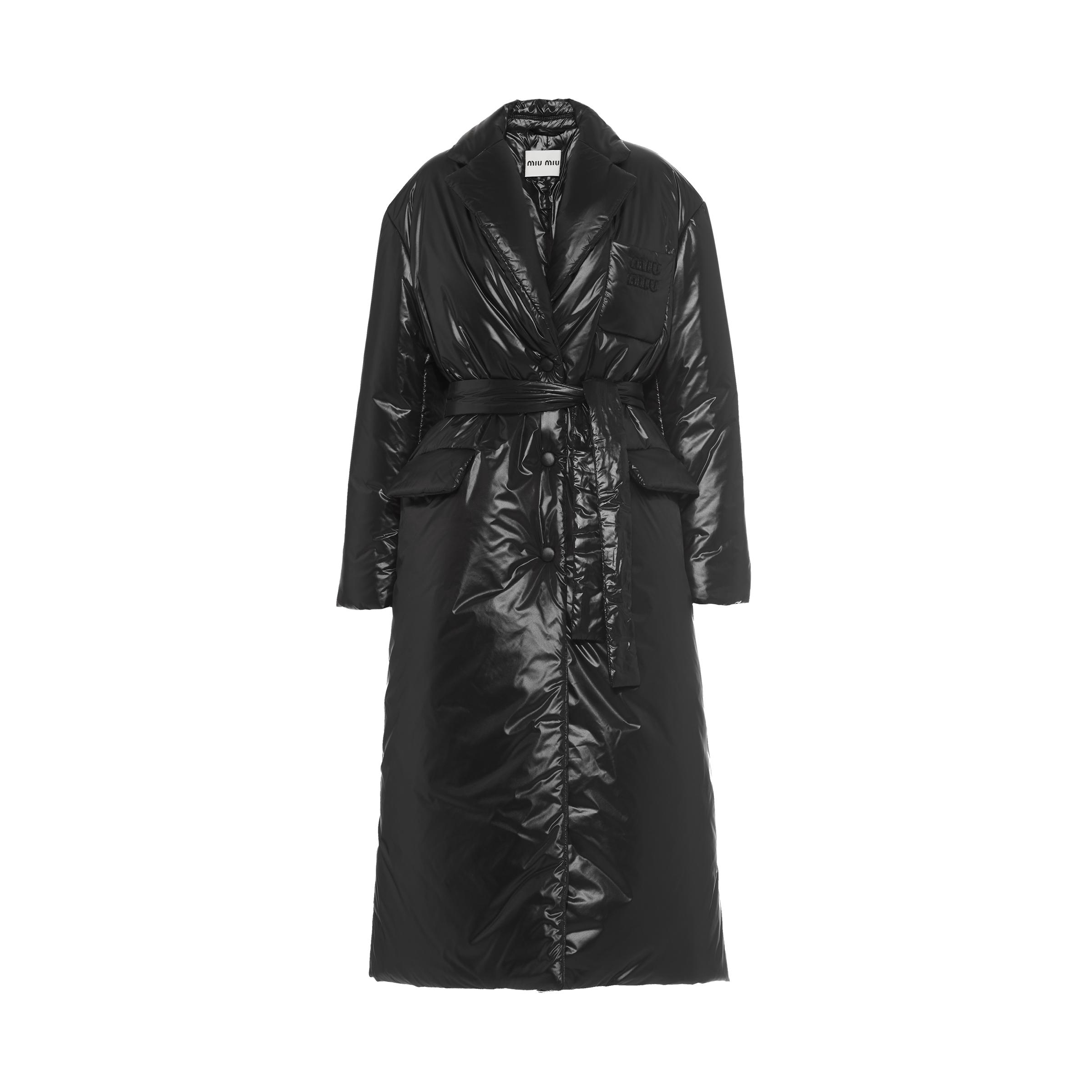 Miu Miu Belted Nylon Down Coat in Black | Lyst
