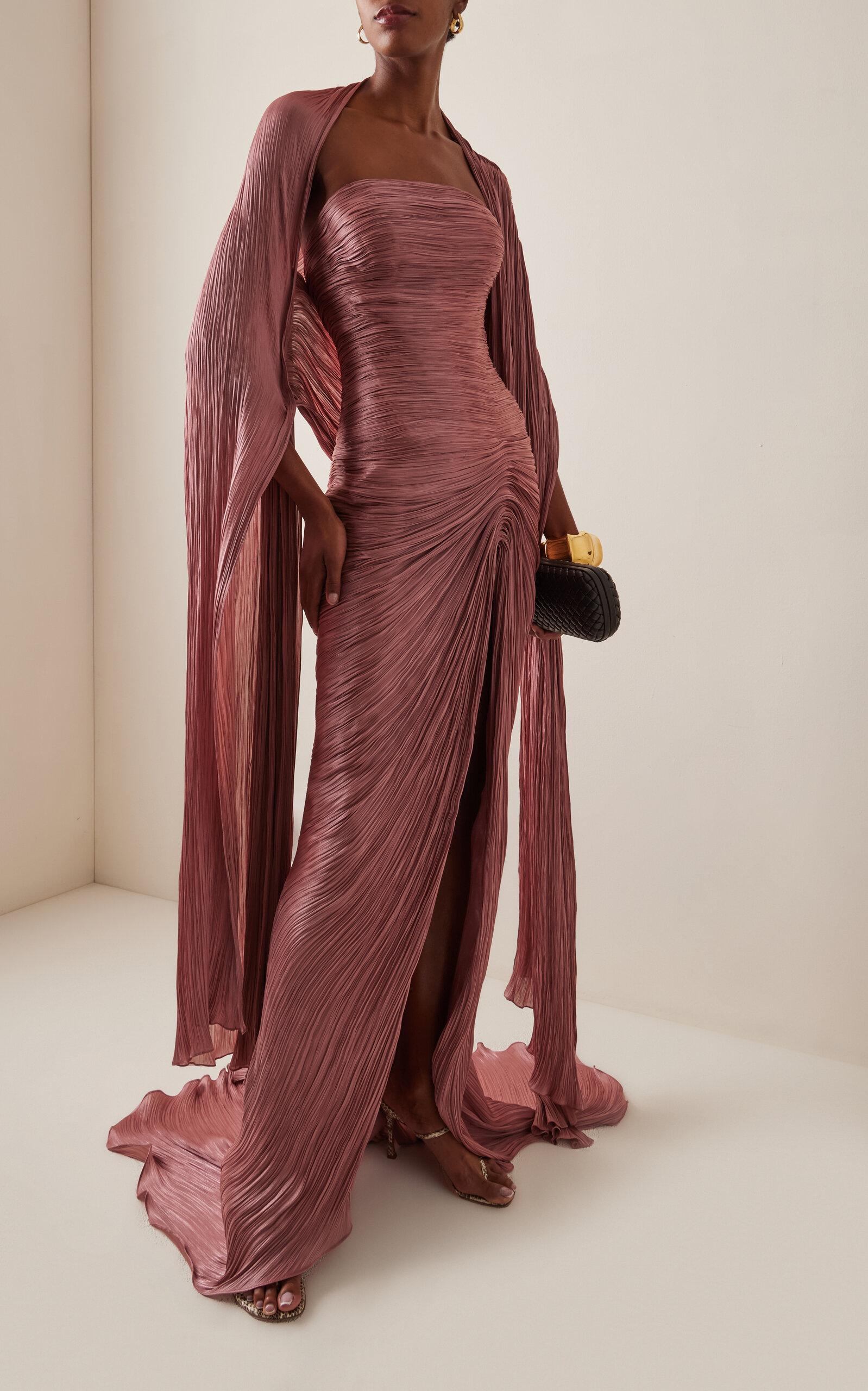 Marmar Halim Cape-Detailed Pleated Silk Satin Gown in Red | Lyst