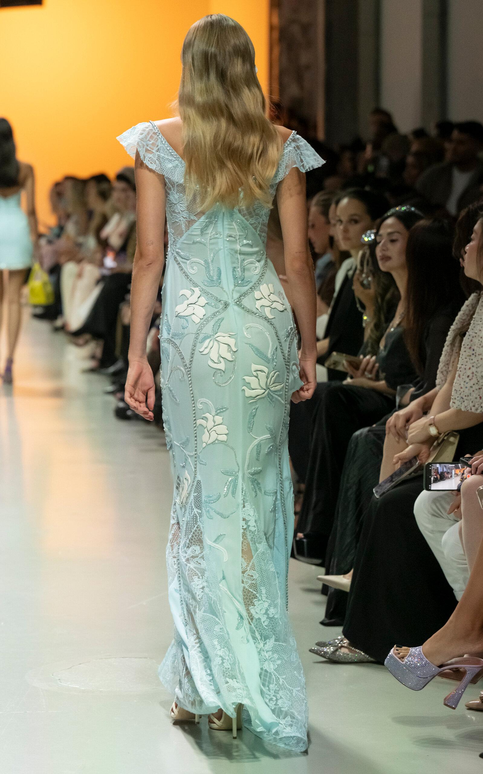 georges hobeika blue dress Draped Georgette Dress with Daring Plunging Neckline by georges hobeika –  Elilhaam main image 1