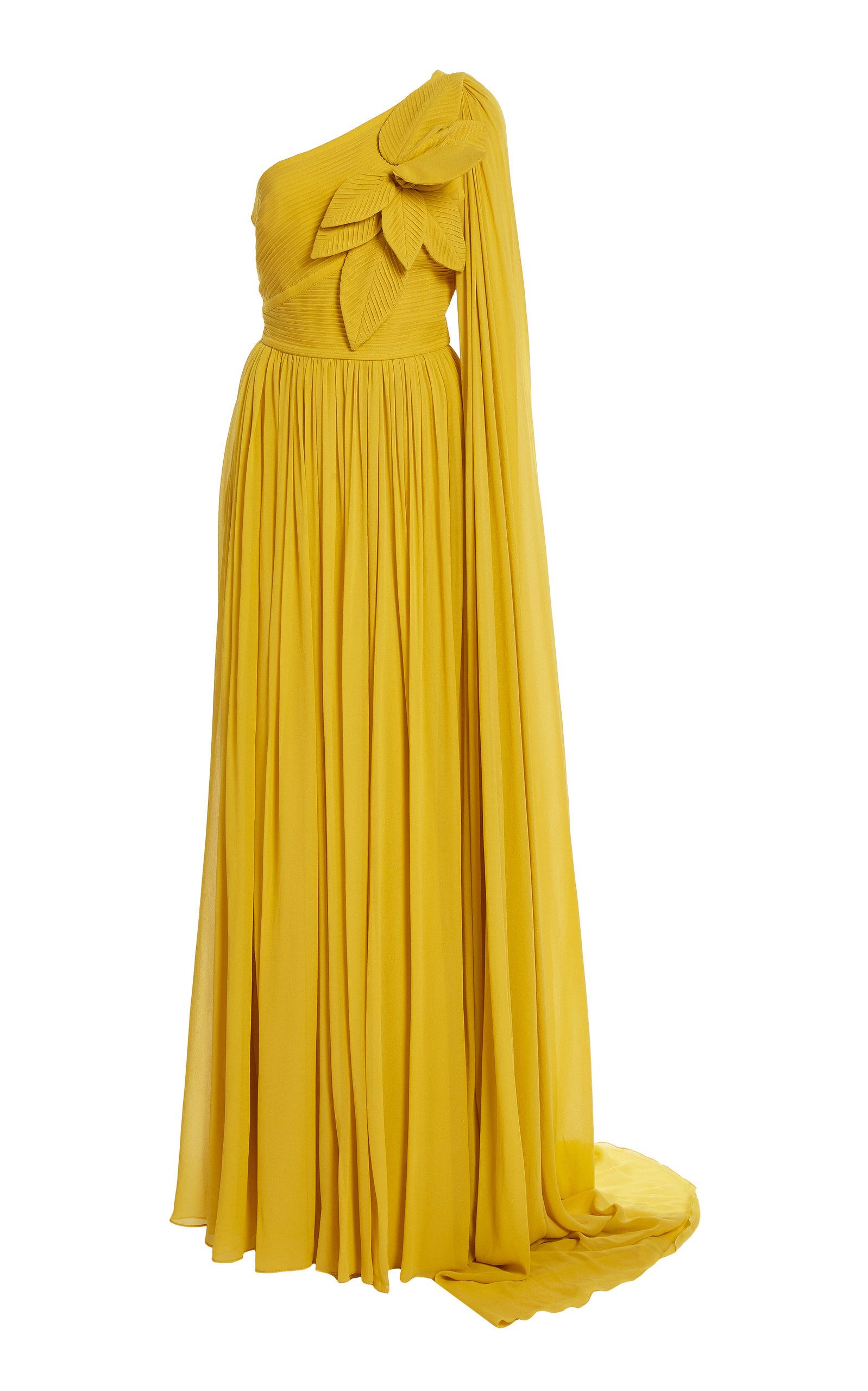 Elie Saab Floral-appliqued Silk One-shoulder Gown in Yellow | Lyst