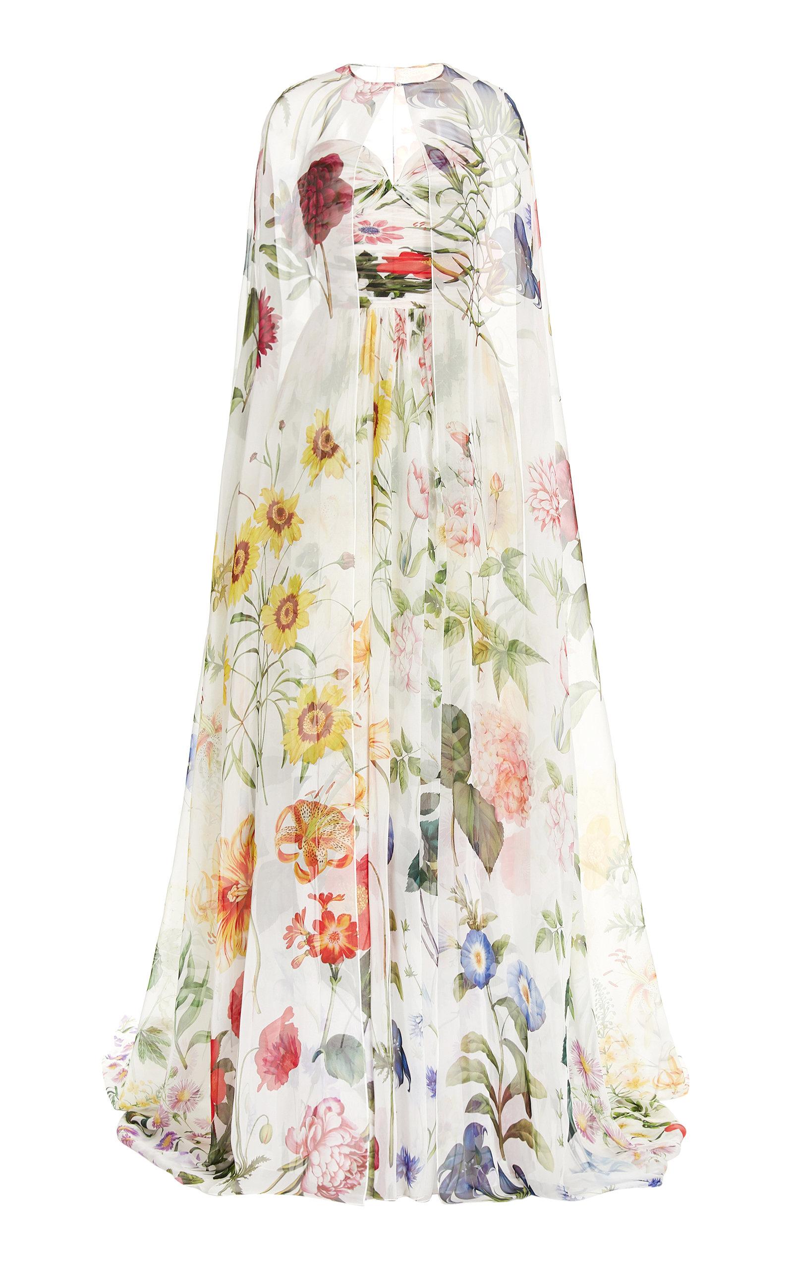 Oscar de la Renta Floral-print Silk-chiffon Cape Gown | Lyst