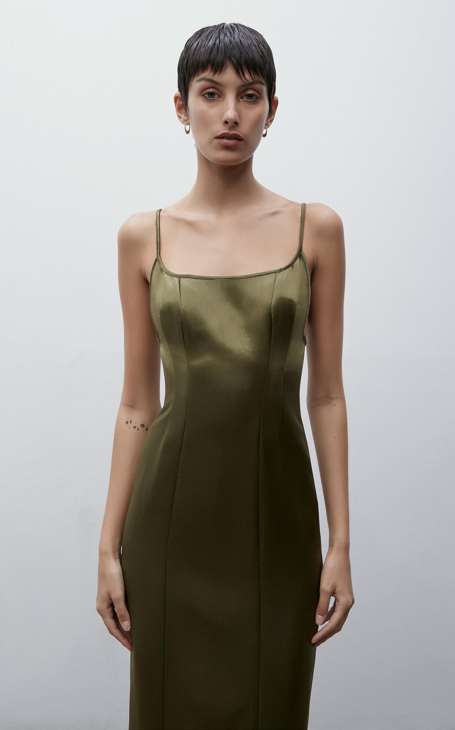 Paris Georgia Basics Sammy Fitted Satin Midi Dress in Green | Lyst
