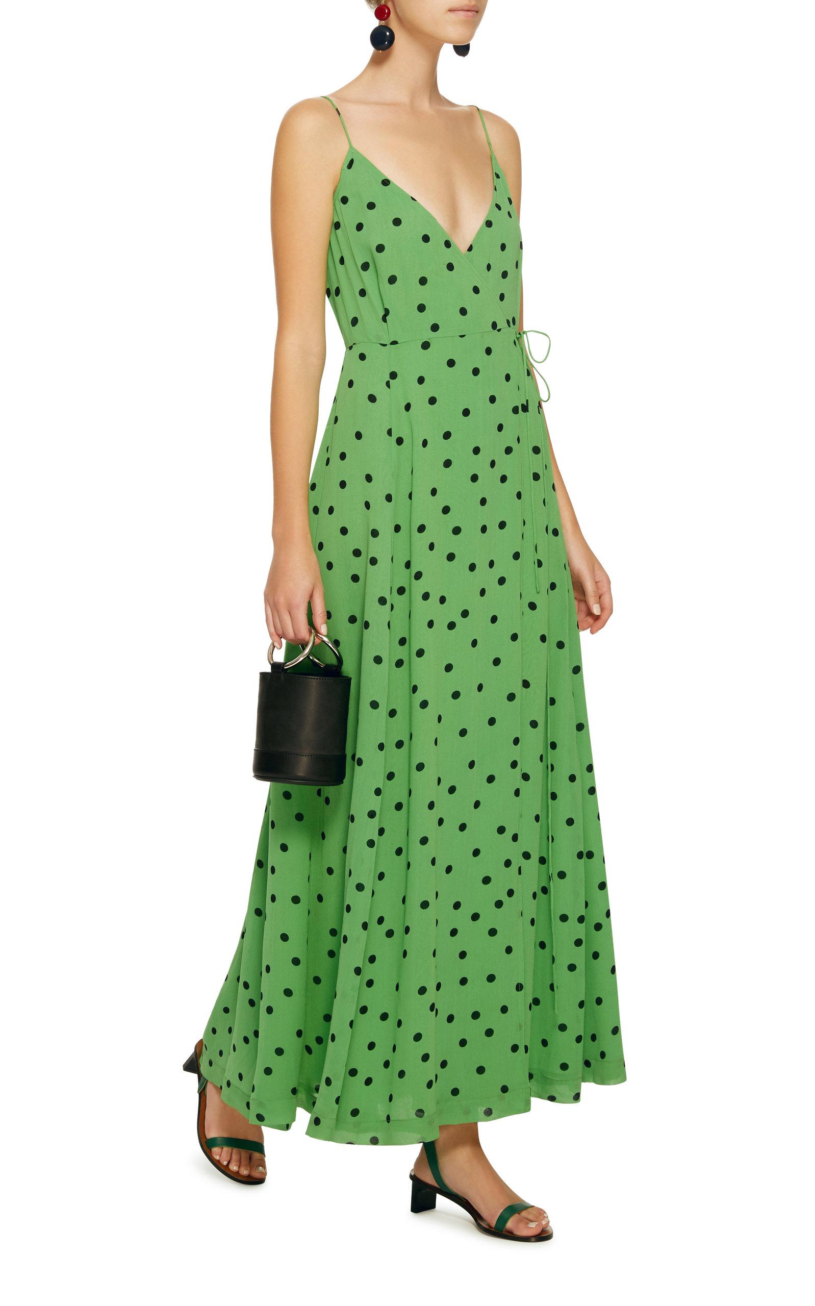 Ganni Leather Sleeveless Polka Dot Wrap Dress in Green | Lyst