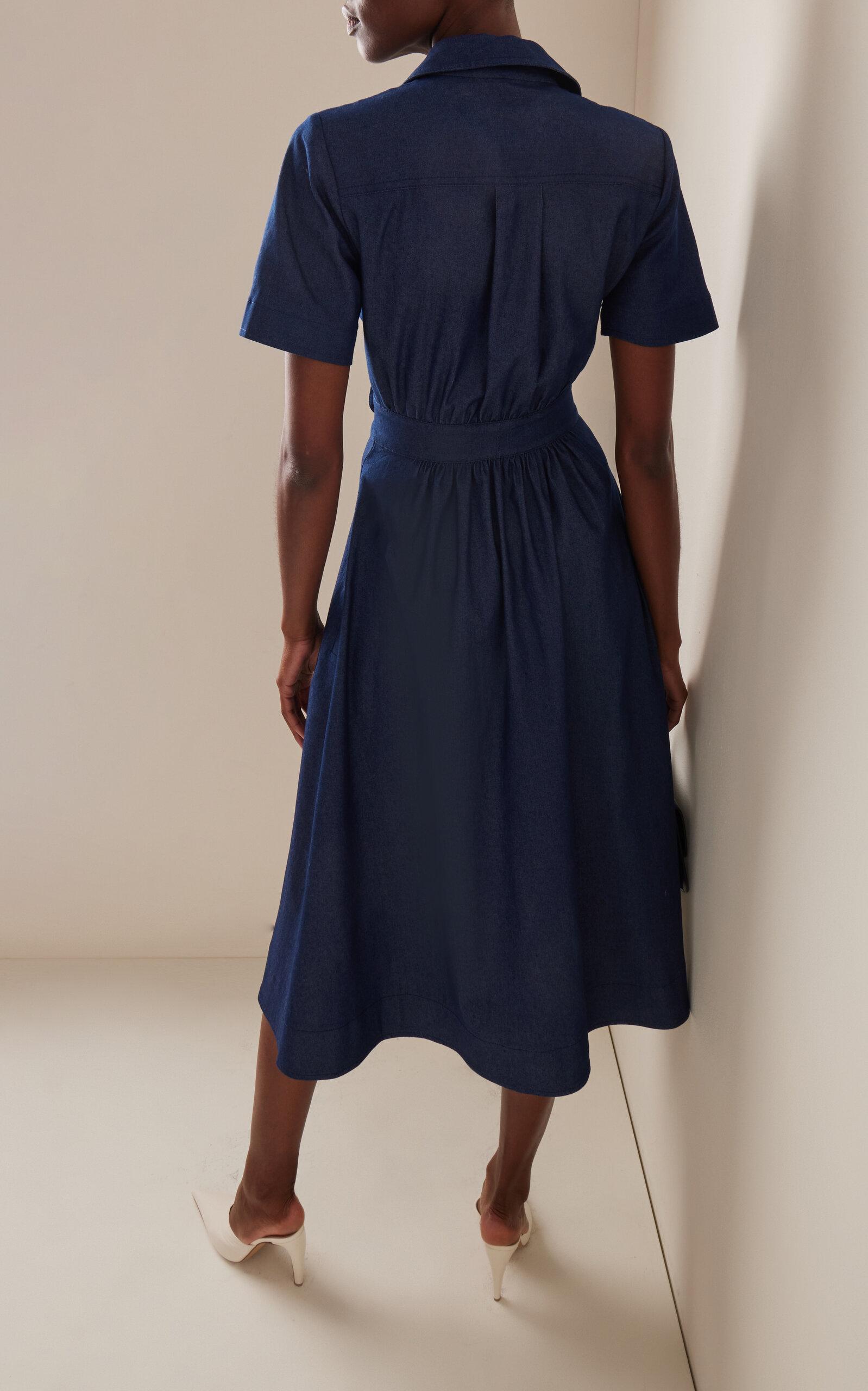 carolina herrera denim midi dress Carolina Herrera Off-The-Shoulder Ruched Denim Midi Dress  UFO No More