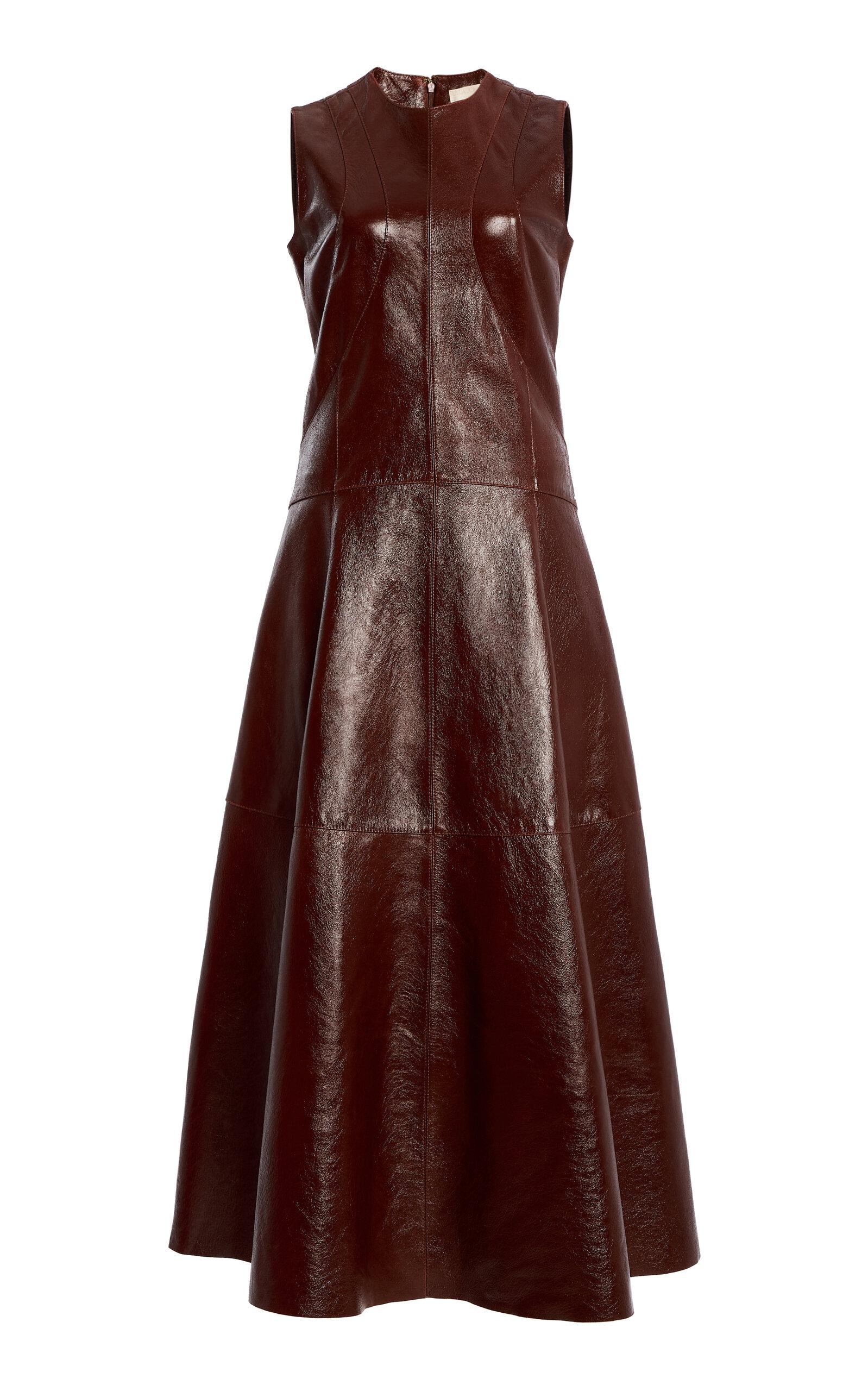 chinese dress ladies Sabrina Floral Applique Leather Dress - Sienna Brown Leather Midi Dress