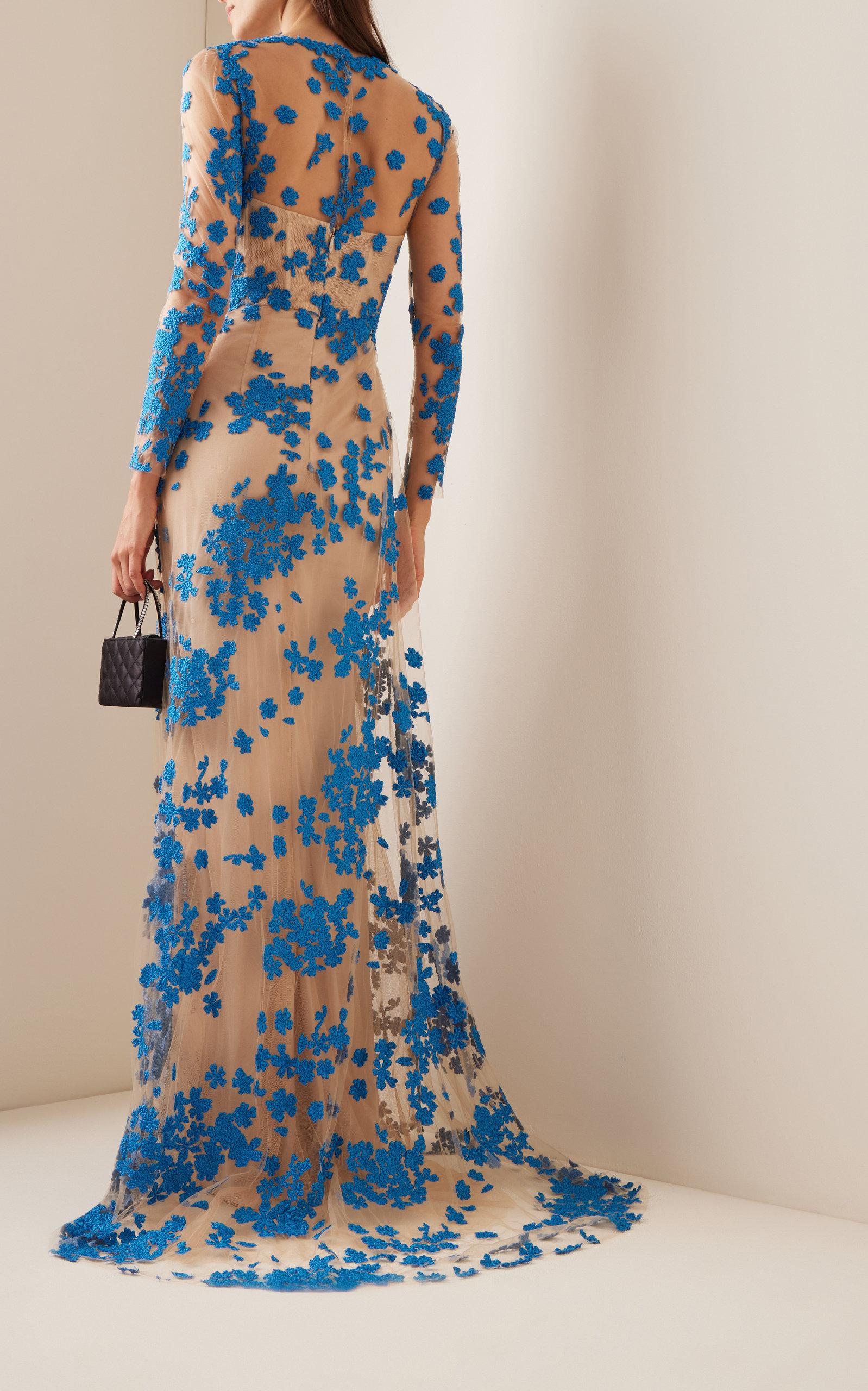 Monique Lhuillier Floral-embroidered Tulle Gown in Blue | Lyst