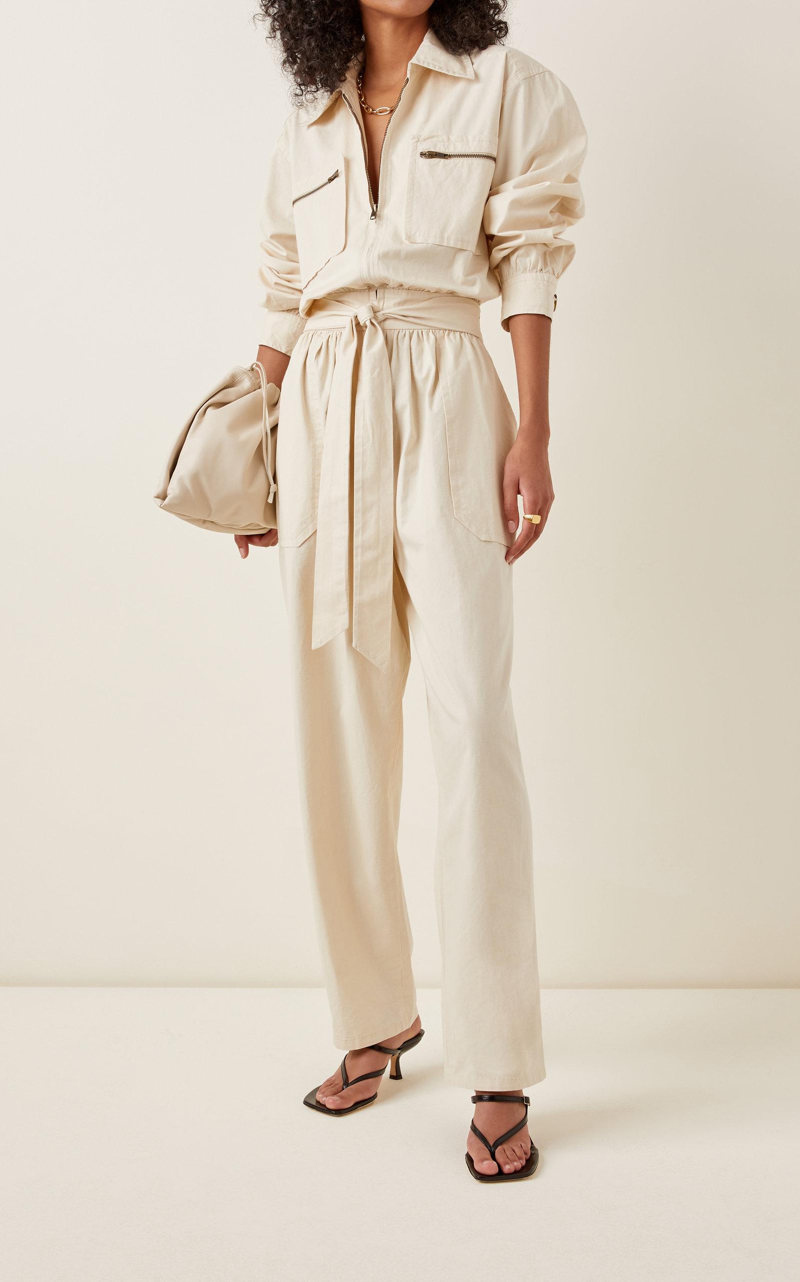 Posse Exclusive Belted Cropped Cotton-twill Jumpsuit in Natural | Lyst