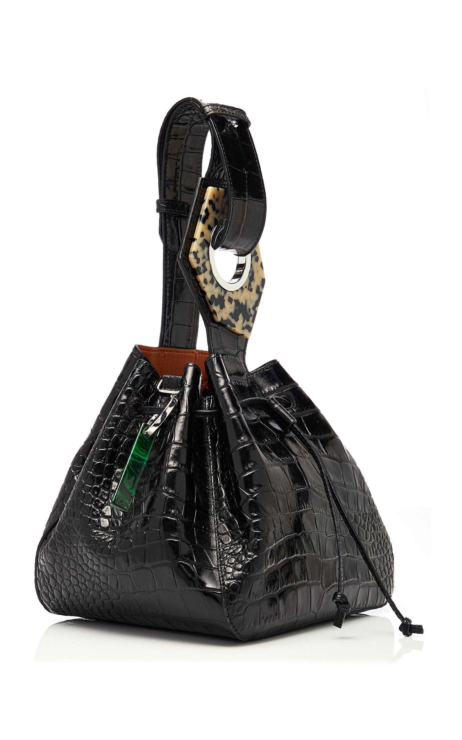 Ganni Resin-embellished Croc-effect Leather Bucket Bag in Black - Lyst