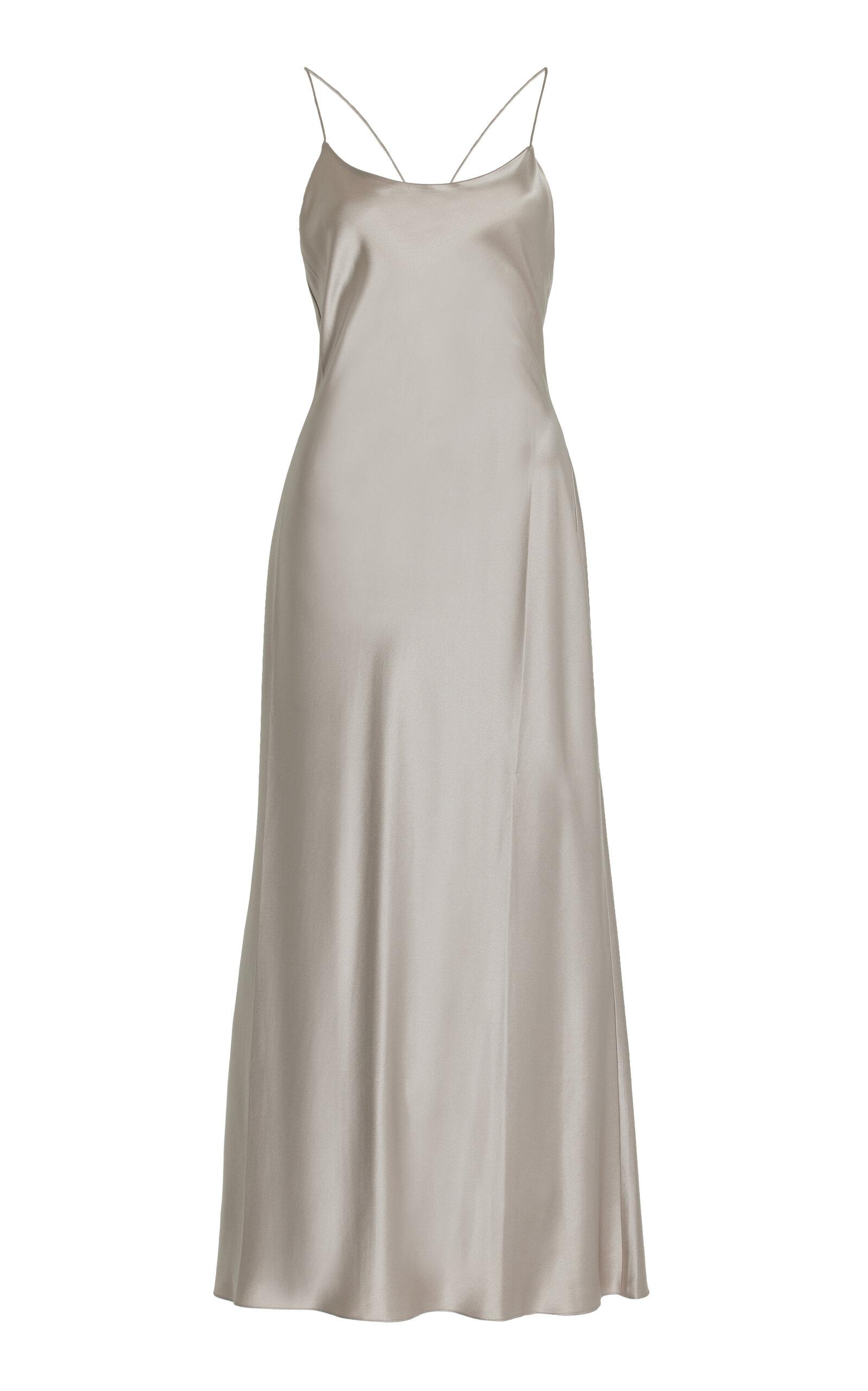 Silk Dress Grey Satin Midi Dress Grey Satin Puff-Sleeve Midi Dress ELAGIA