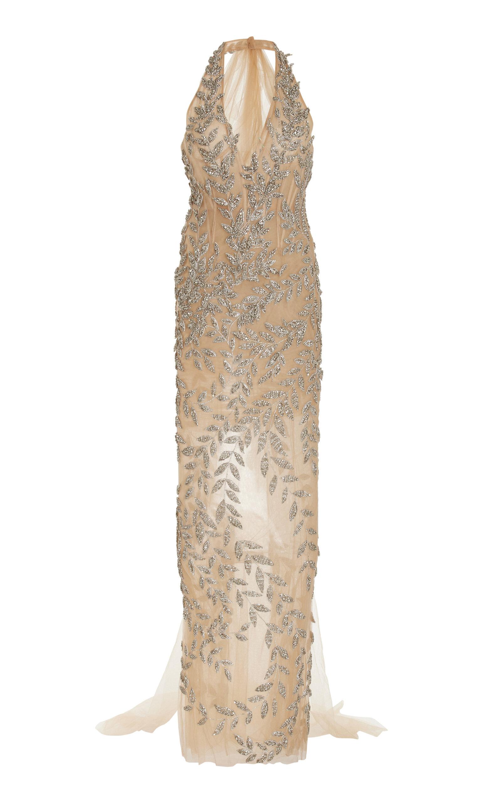 Oscar de la Renta Crystal Leaf Embroidered Column Gown in Natural | Lyst