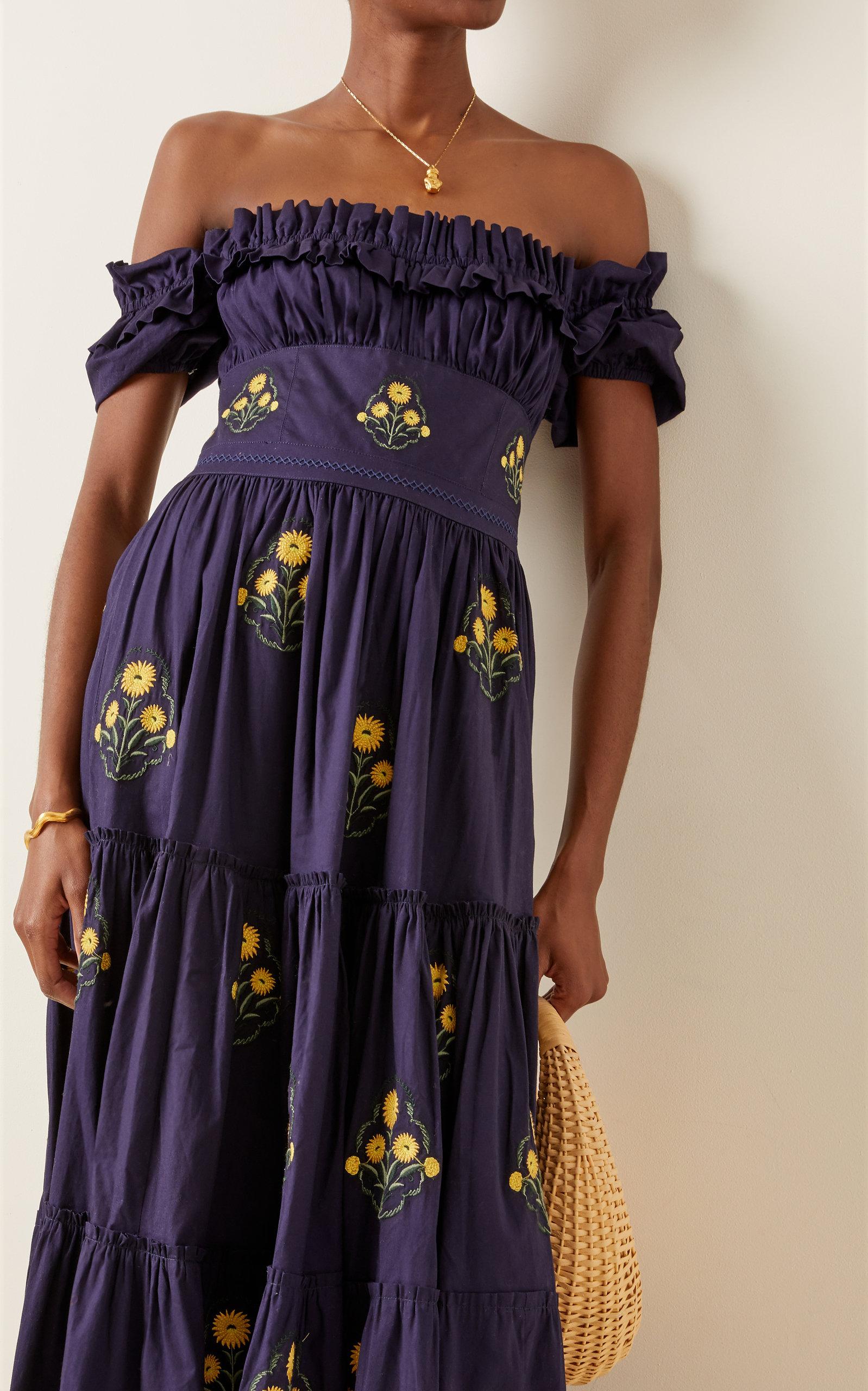 agua bendita off the shoulder dress Alhel Bougainvillea off-the-shoulder embellished tulle midi dress - beige