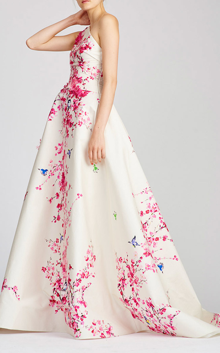 monique lhuillier red floral lace gown