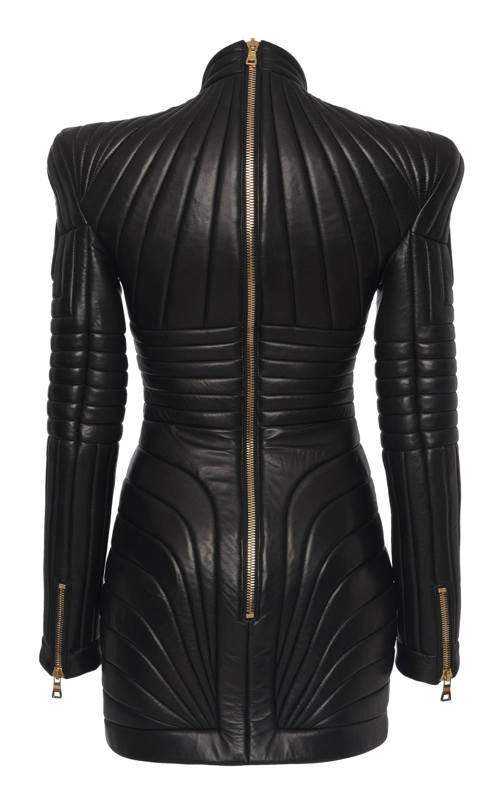 Balmain Strong Shoulder Quilted Leather Dress in Black | Lyst