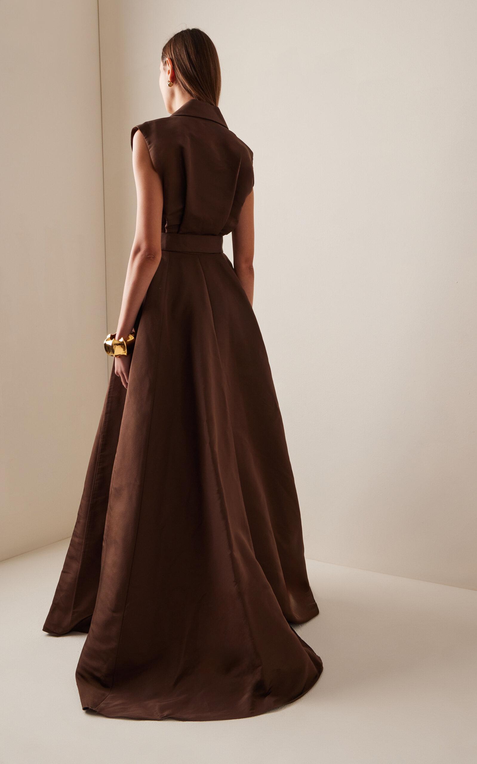 carolina herrera brown dress Carolina Herrera // Brown Silk Embellished Draped Midi Dress – VSP  Consignment