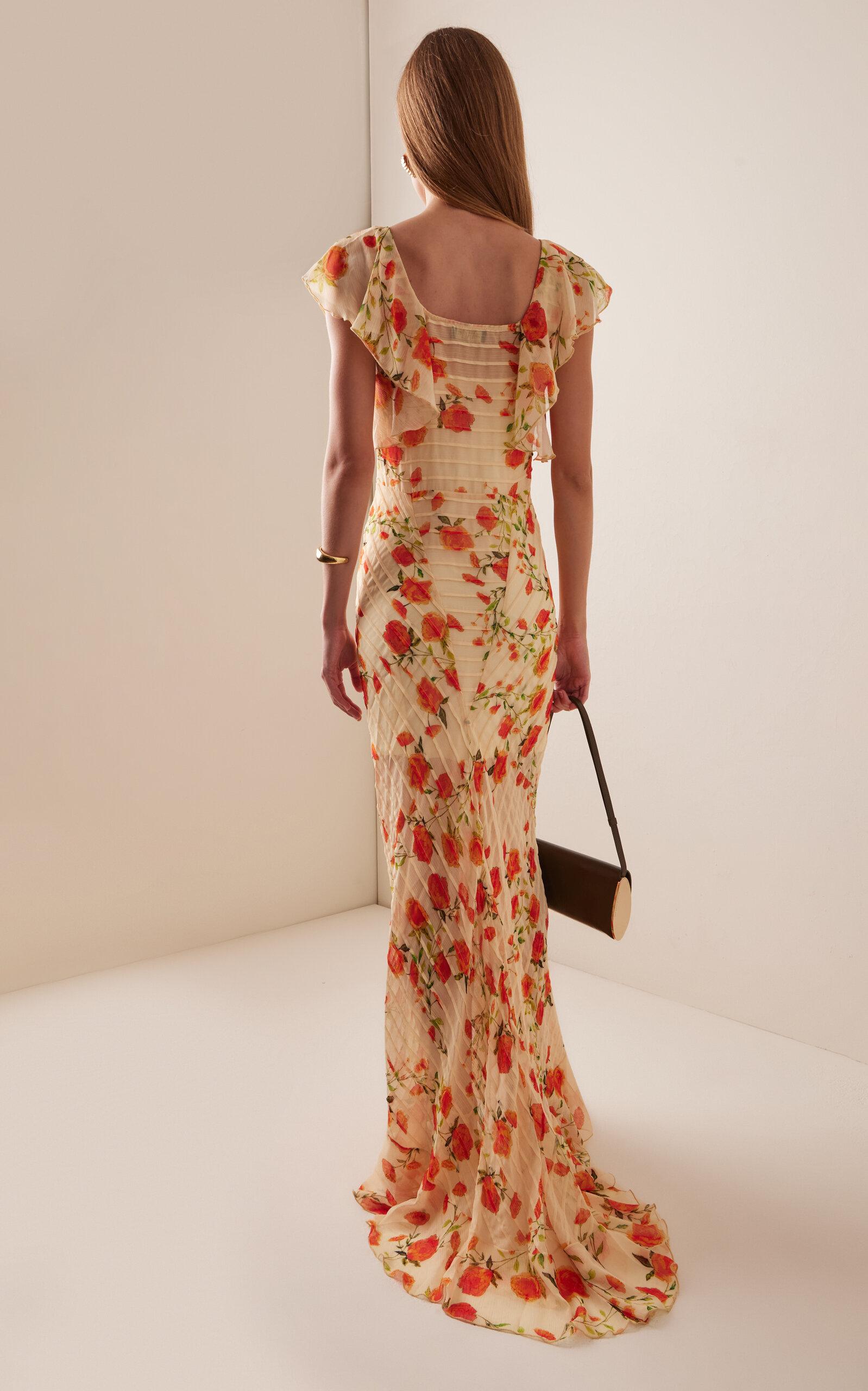 knee length dresses for ladies BOUGAINVILLEA CHIFFON MAXI DRESS IN SAGE FLORAL – DE LA VALI OFFICIAL main image 1