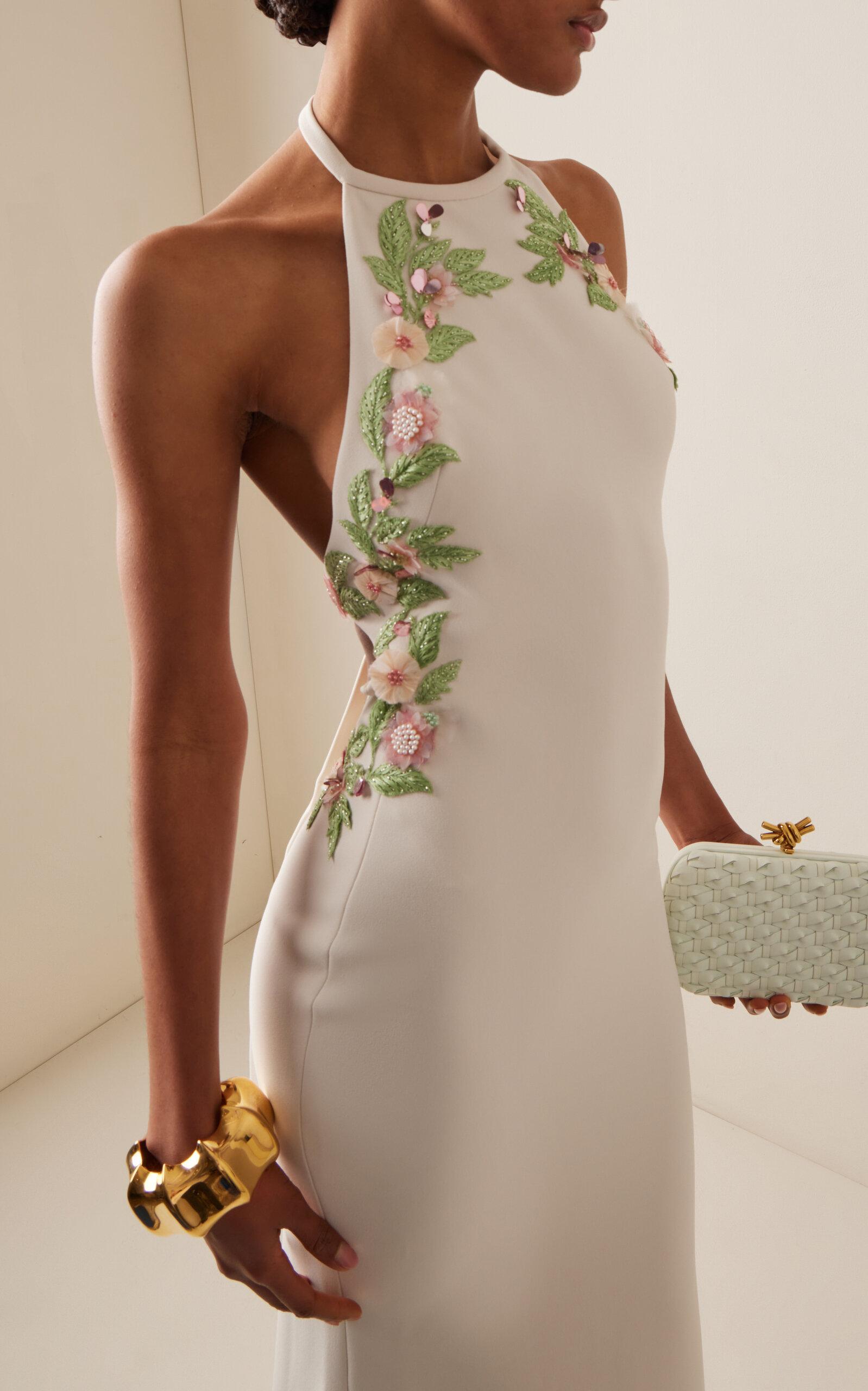 Elie Saab Embroidered Cady Halter Maxi Dress in White | Lyst
