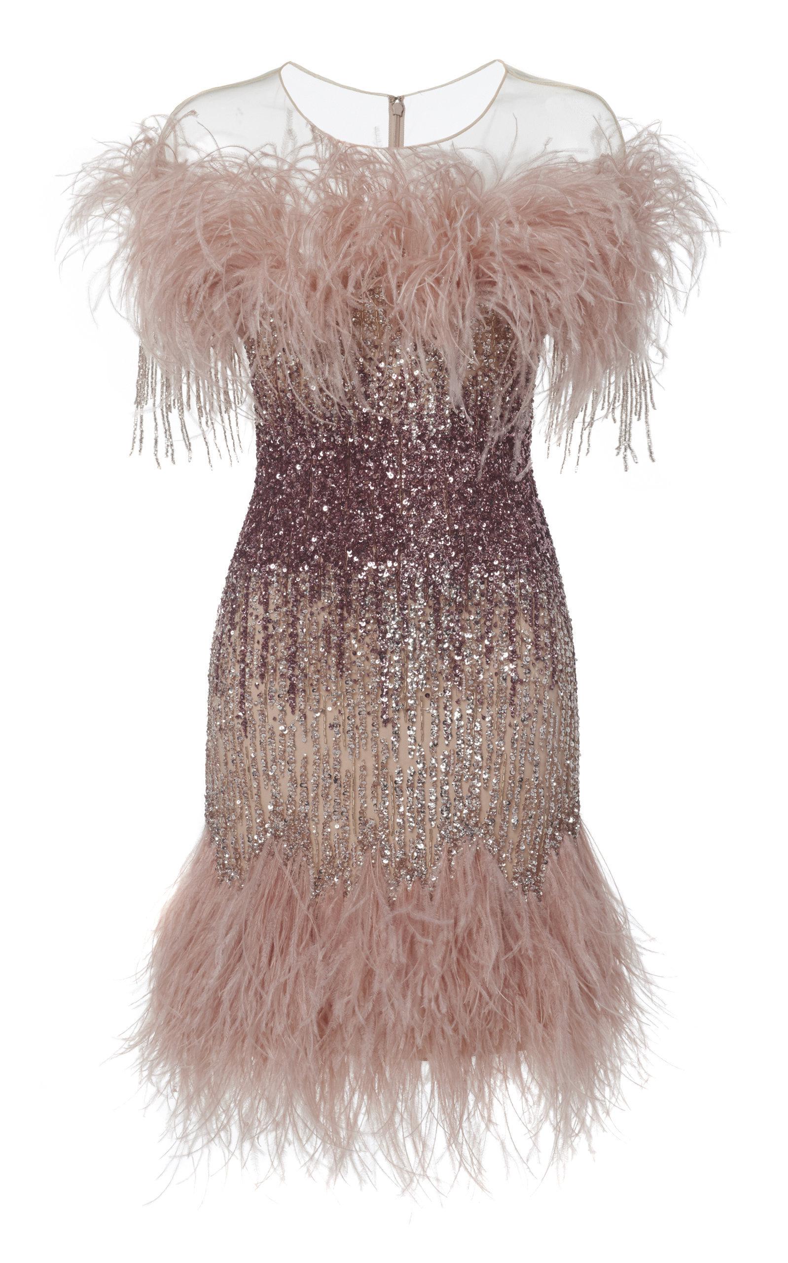 Pamella Roland Ostrich-feather & Sequined Cocktail Dress in Pink | Lyst
