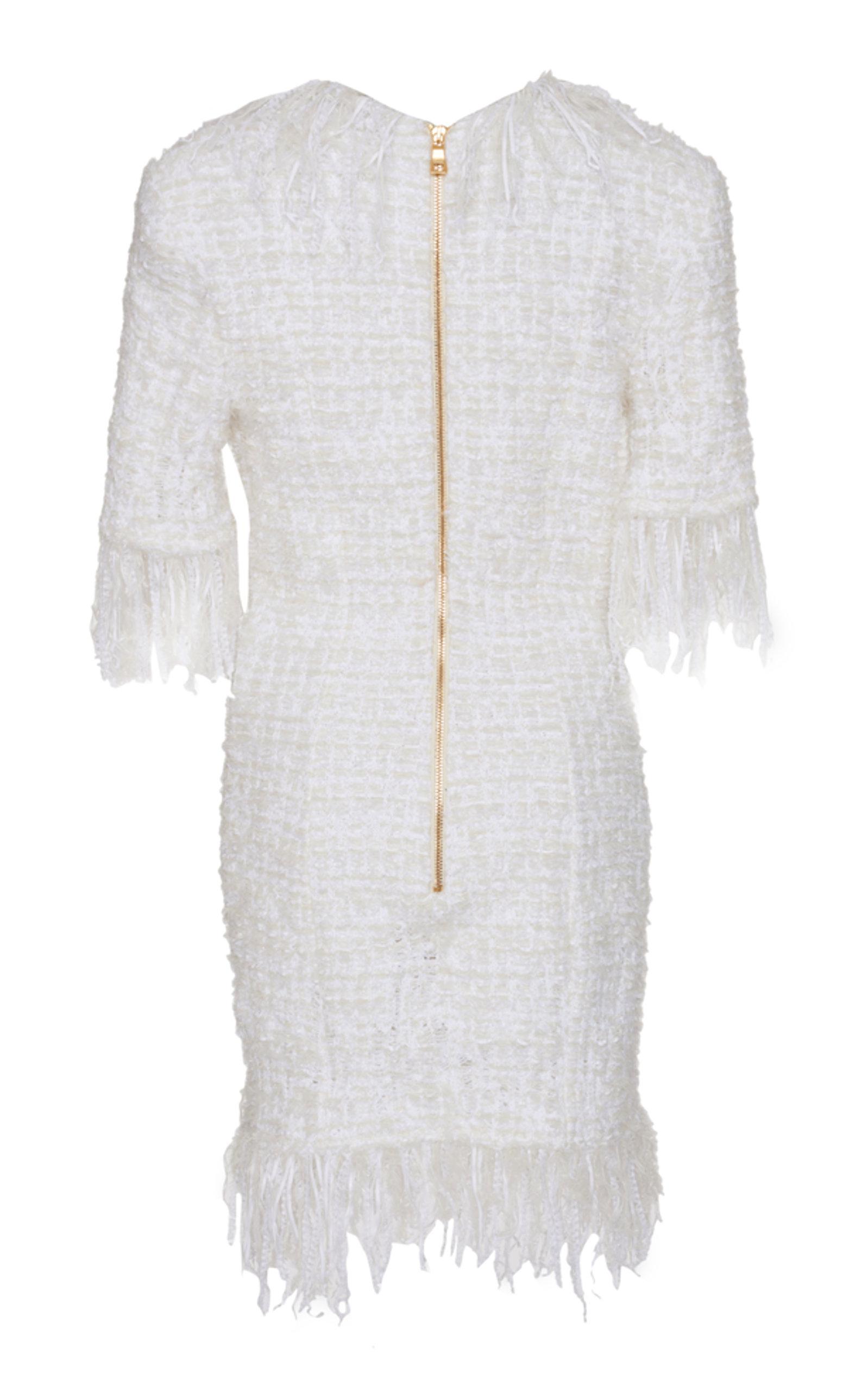 Balmain Fringed Tweed Dress in White | Lyst