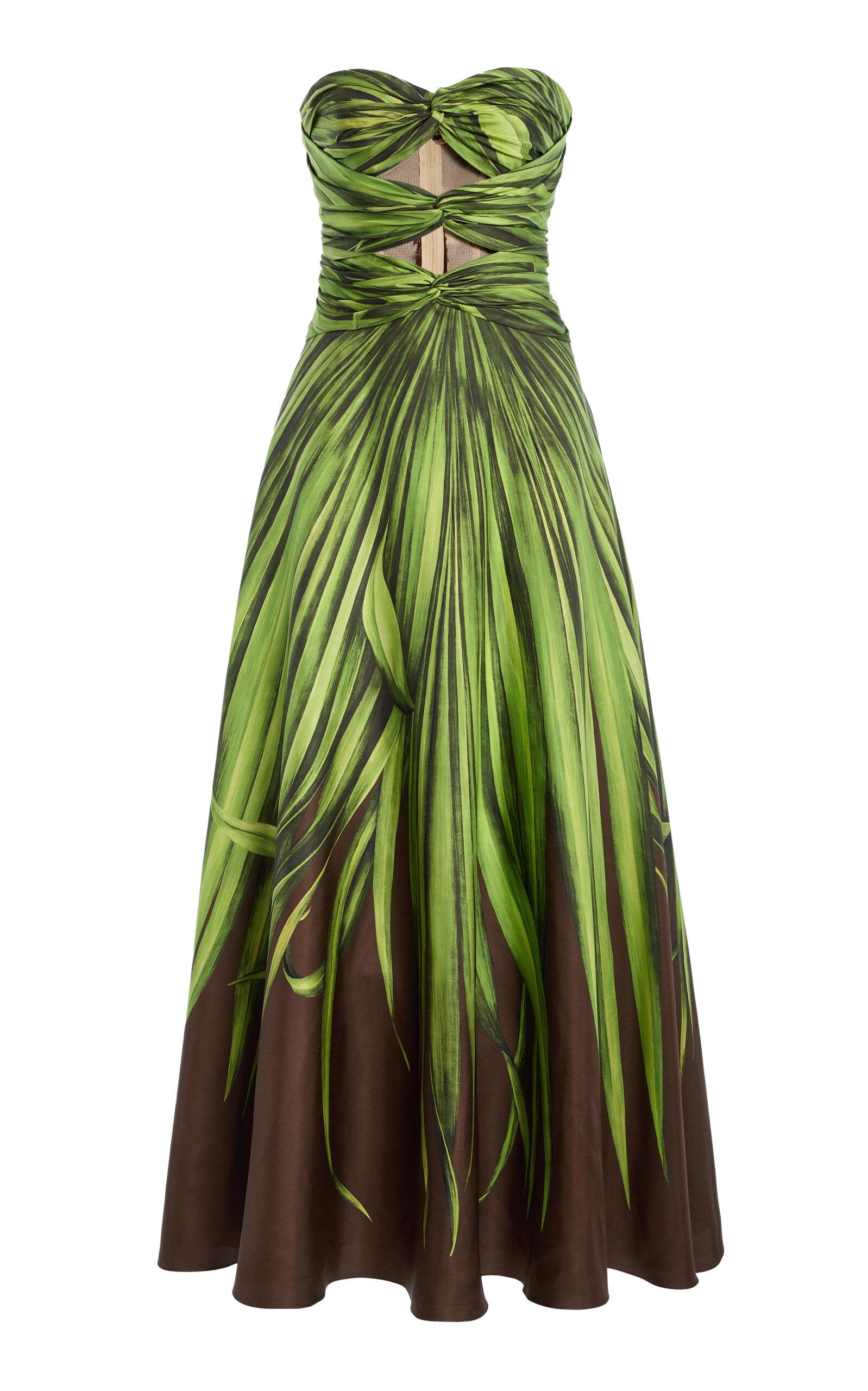 green oscar dresses de la Renta Strapless Cutout Cotton-Silk Maxi Dress in dark green dress celebrity