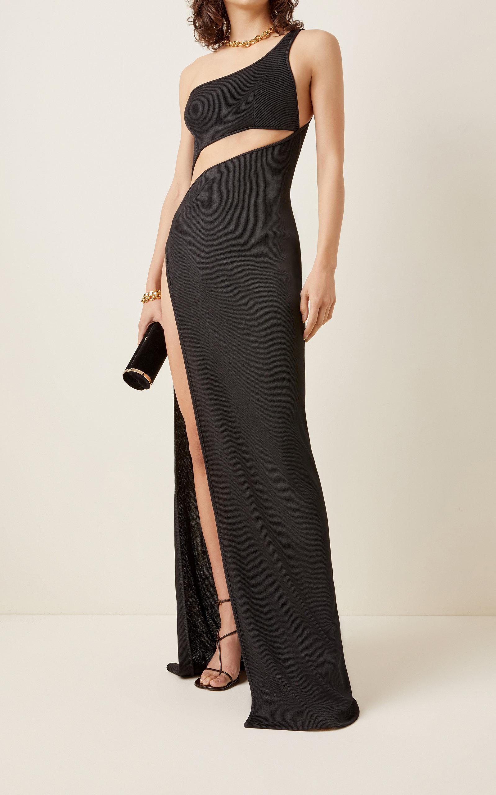 Brandon Maxwell Cutout Ribbed-knit One-shoulder Gown in Black