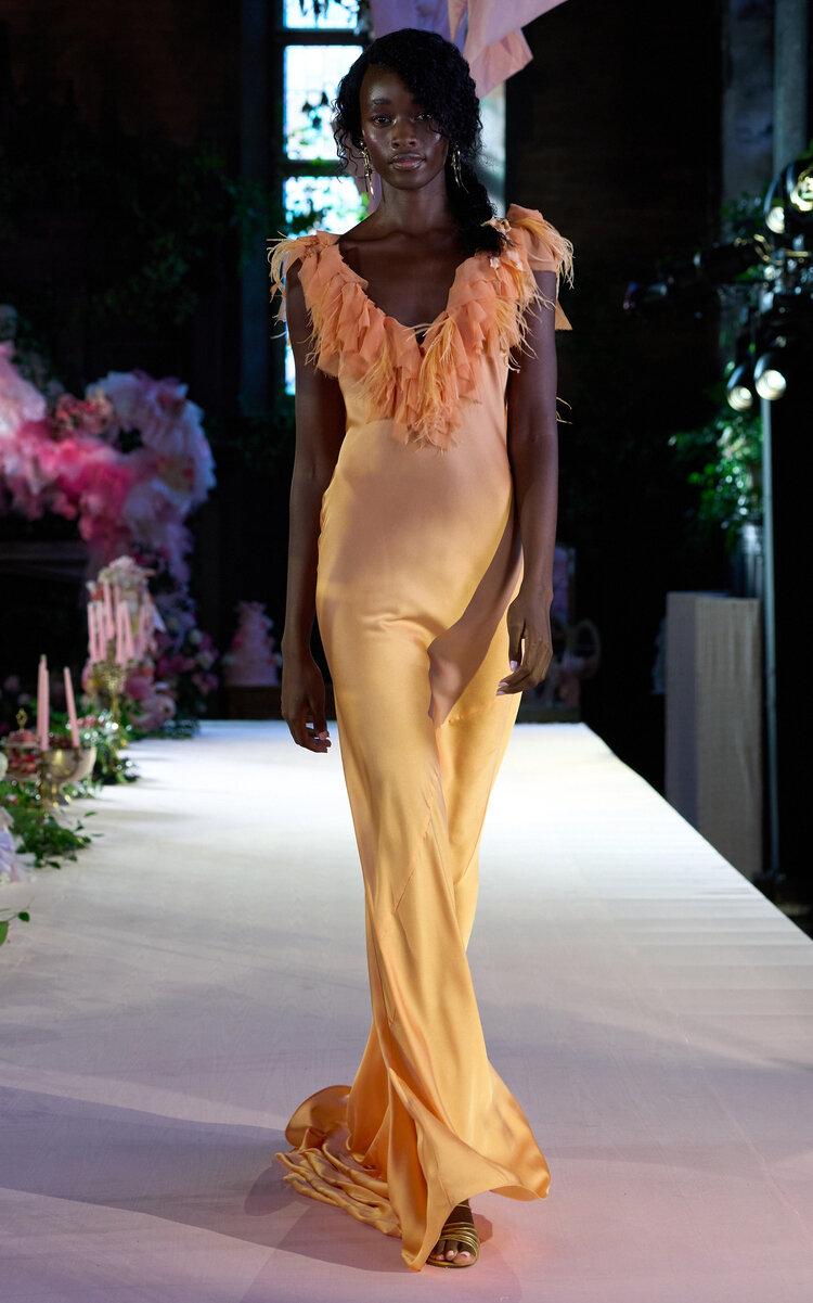 LoveShackFancy Manota Feather-trimmed Satin Gown in Orange | Lyst