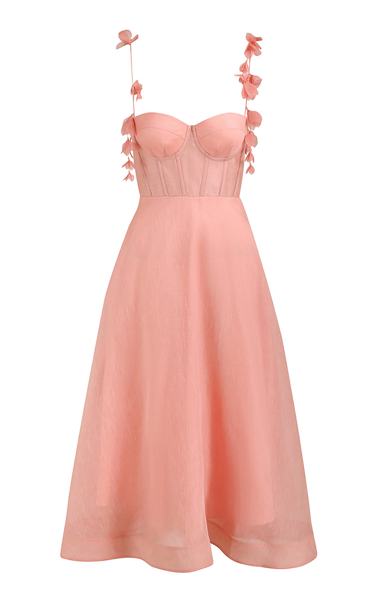 Zimmermann Wonderland Silk And Linen Midi Corset Dress in Pink