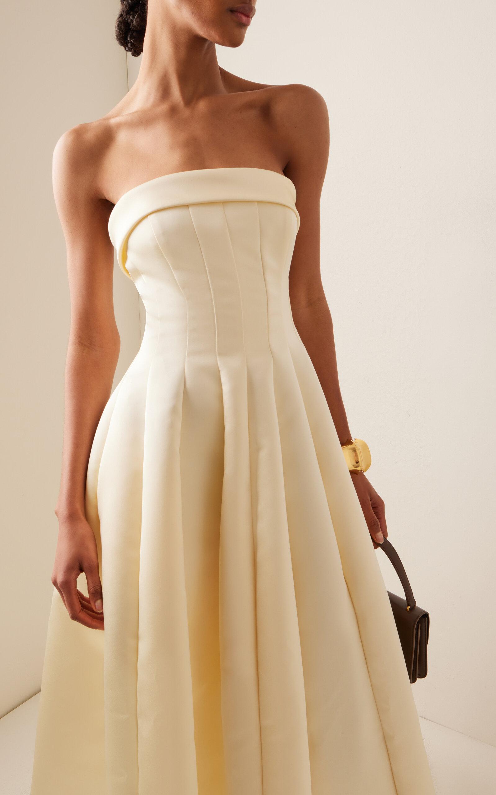 Philosophy Di Lorenzo Serafini Strapless Satin Midi Dress in Natural | Lyst