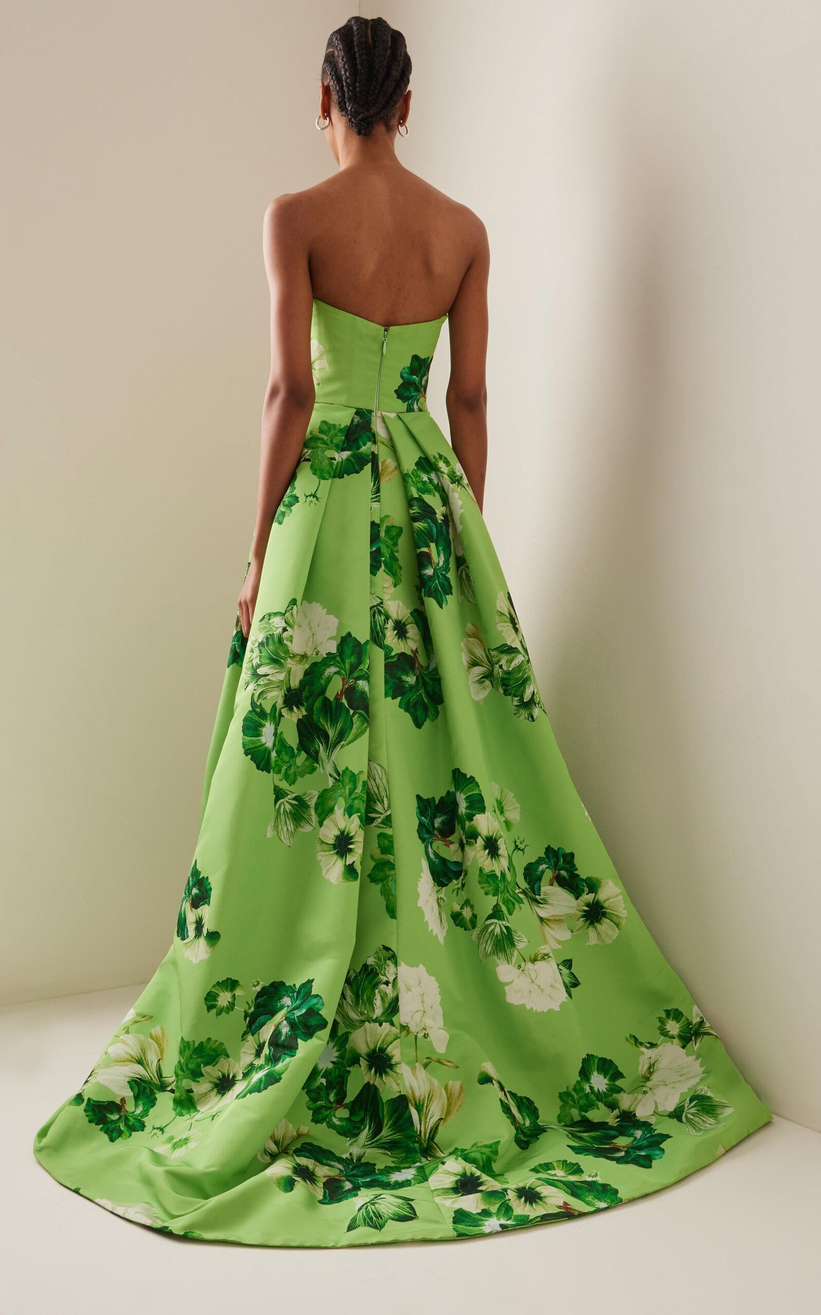 Monique Lhuillier Floral Crepe Strapless Gown in Green | Lyst