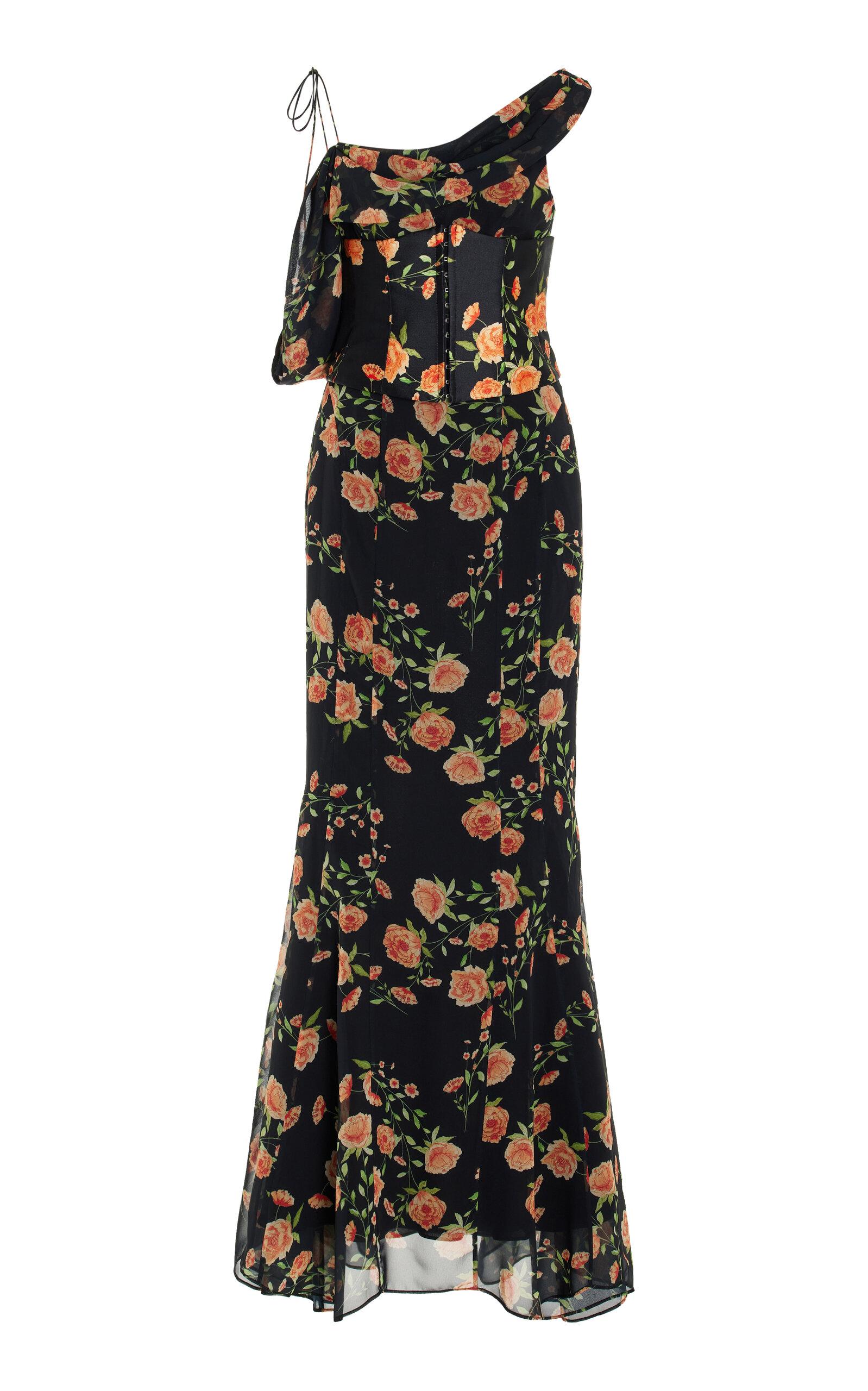 De La Vali Brulee Corseted Floral-chiffon Maxi Dress in Black | Lyst