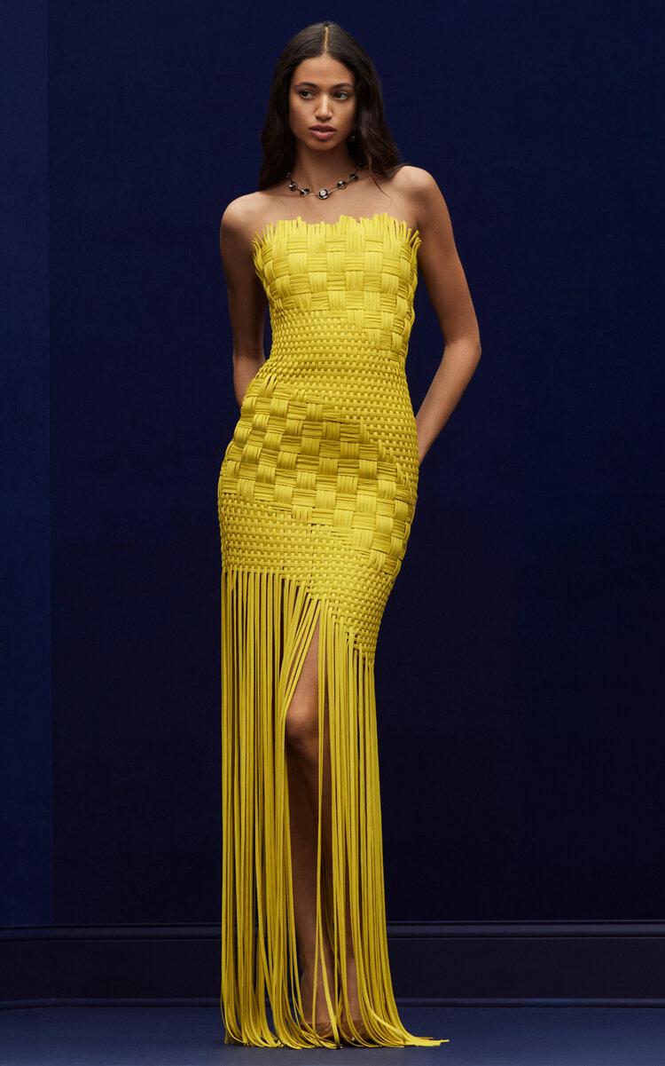 oscar de la renta neon yellow dress demimoore glows in the #odlrprefall2024 yellow column gown with waistline  poppy appliqu for the Chopard Once Upon A Time Evening at the Cannes  Film Festival. Styled by @bradgoreski Photographed by @vsteves